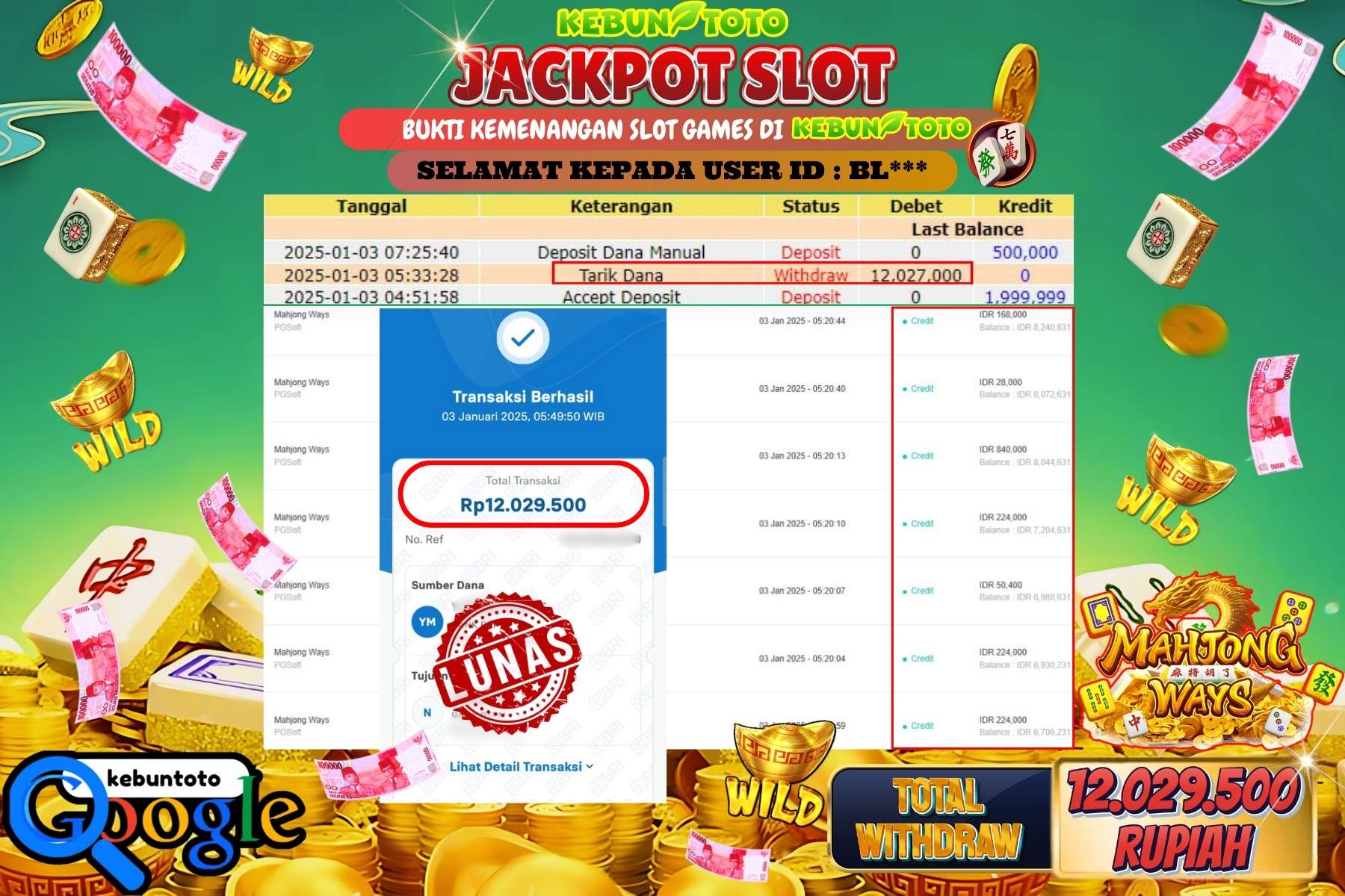 KEBUNTOTO JACKPOT SLOT MAHJONG WAYS , Sebesar Rp.12.029.500,- LUNAS