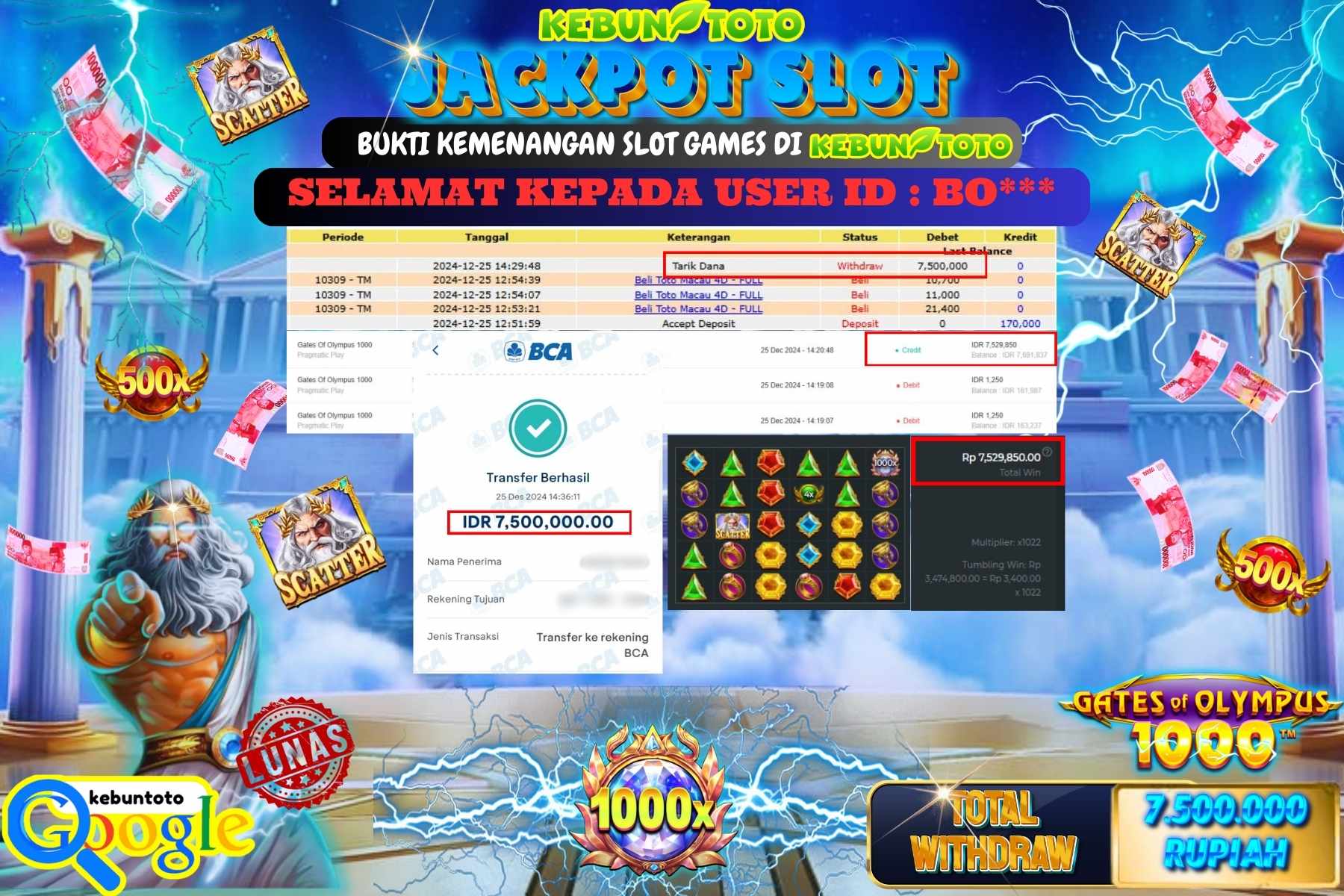 KEBUNTOTO JACKPOT SLOT GATES OF OLYMPUS 1000 , Sebesar Rp.7.500.000,- LUNAS