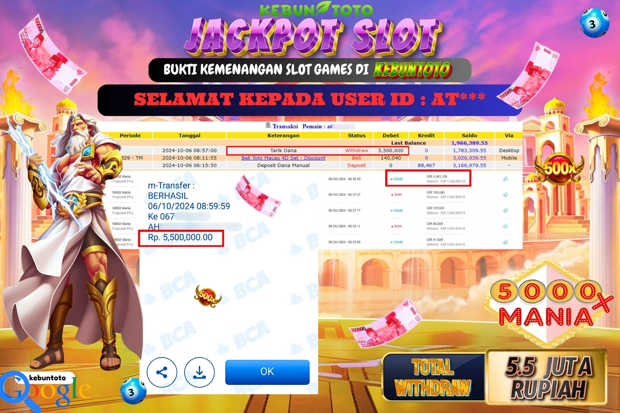 KEBUNTOTO JACKPOT SLOT 5000x MANIA Rp.5.500.000,- LUNAS