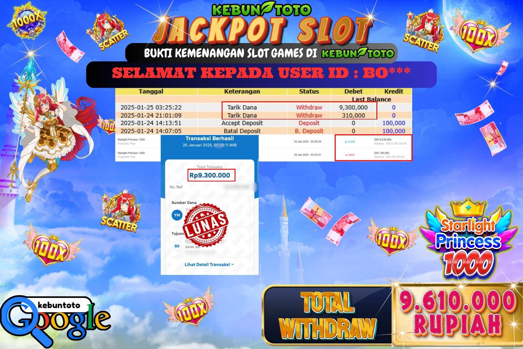 KEBUNTOTO JACKPOT SLOT STARLIGHT PRINCESS 1000 , Sebesar Rp.9.610.000,- LUNAS