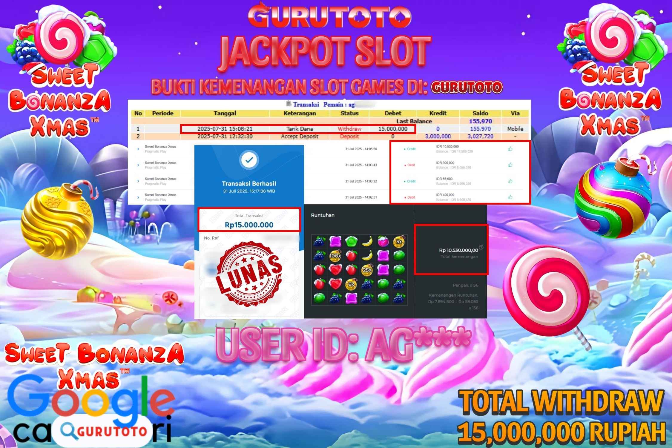 Bukti Kemenangan Rp 15.000.000 SLOT SWEET BONANZA XMAS di GURUTOTO!