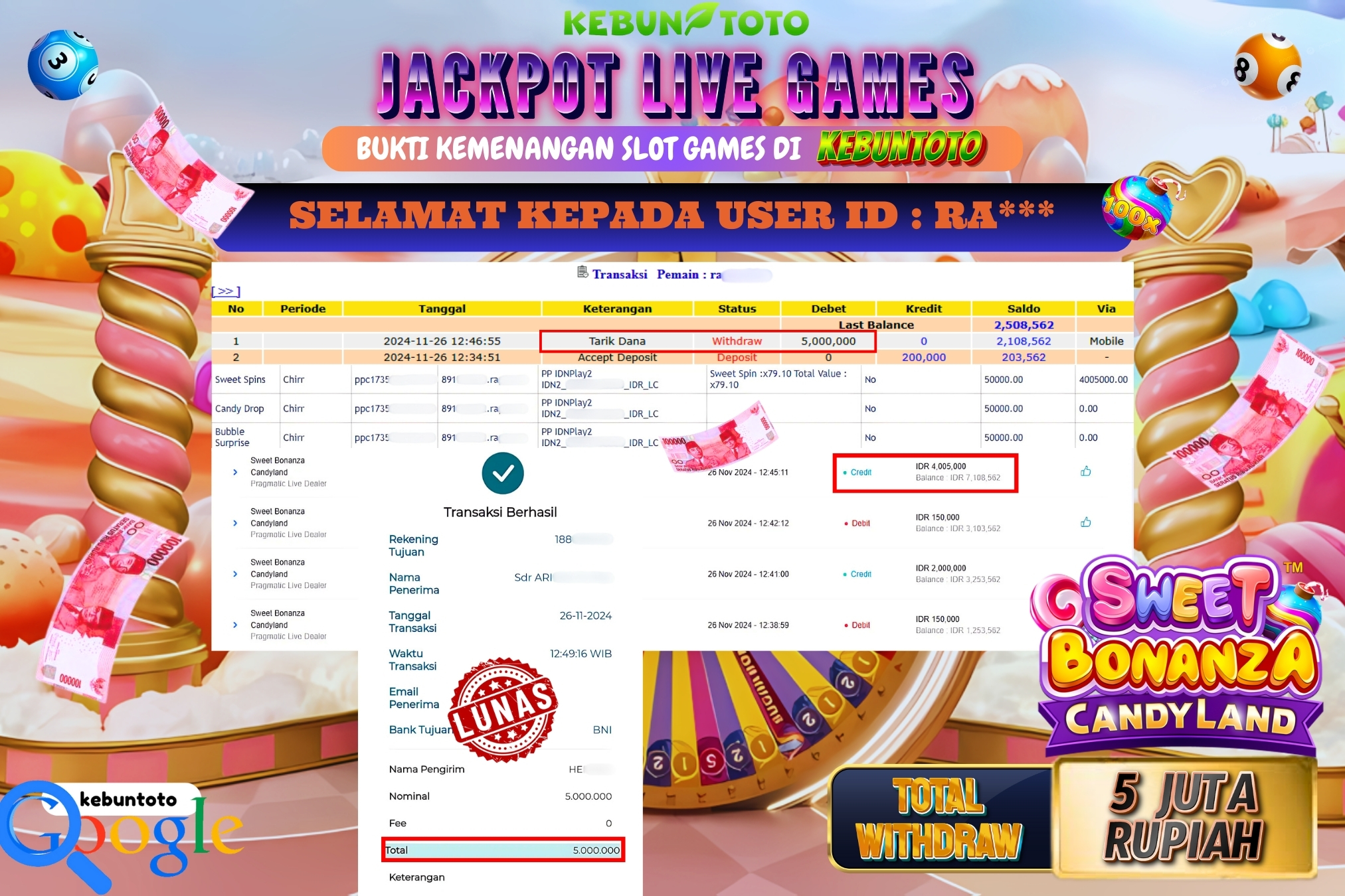 KEBUNTOTO JACKPOT LIVE GAMES SWEET BONANZA CANDYLAND Rp.5.000.000,- LUNAS