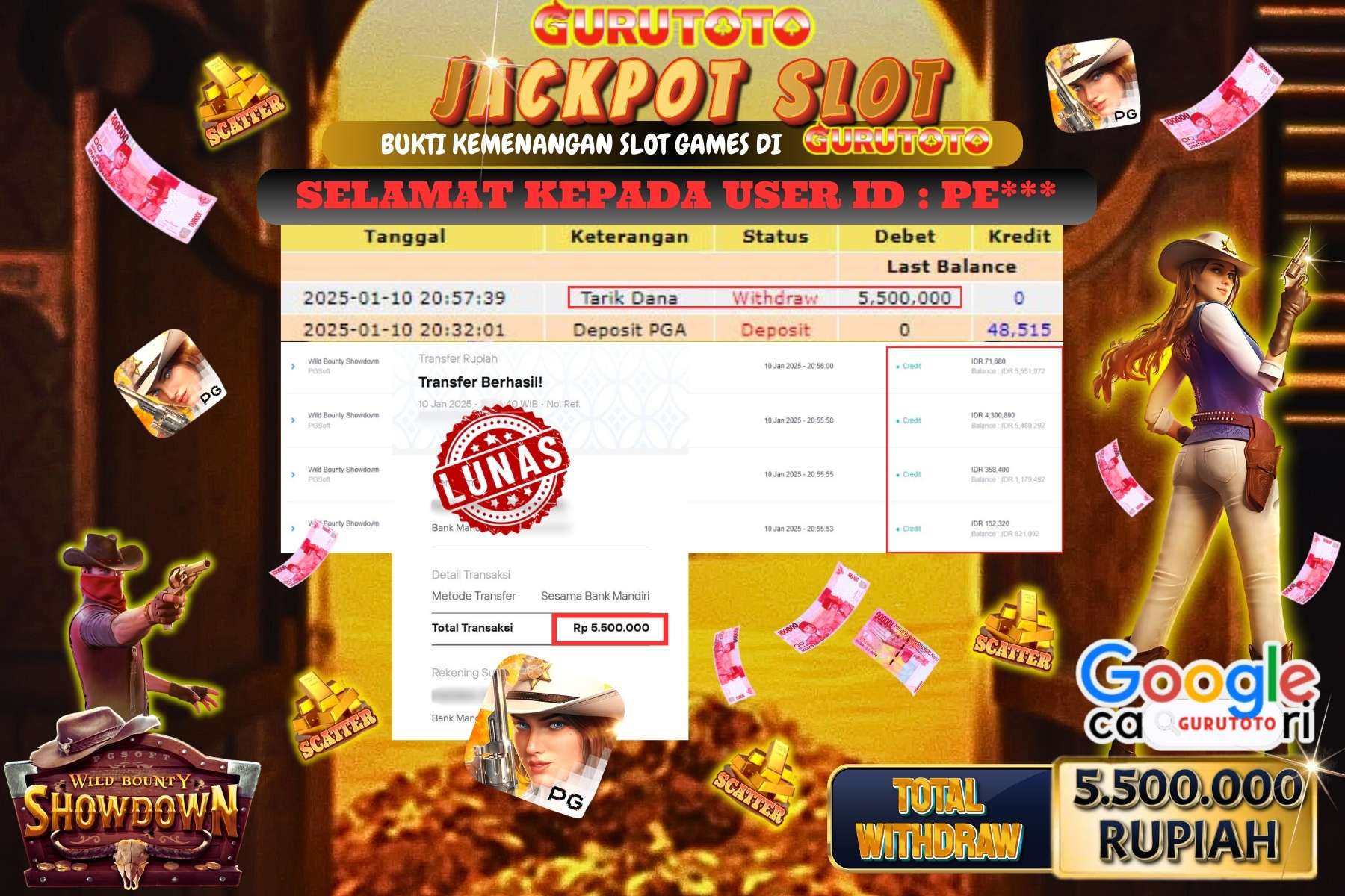 GURUTOTO, JACKPOT SLOT WILD BOUNTY SHOWDOWN sebesar Rp.5.500.000,- dibayar lunas.