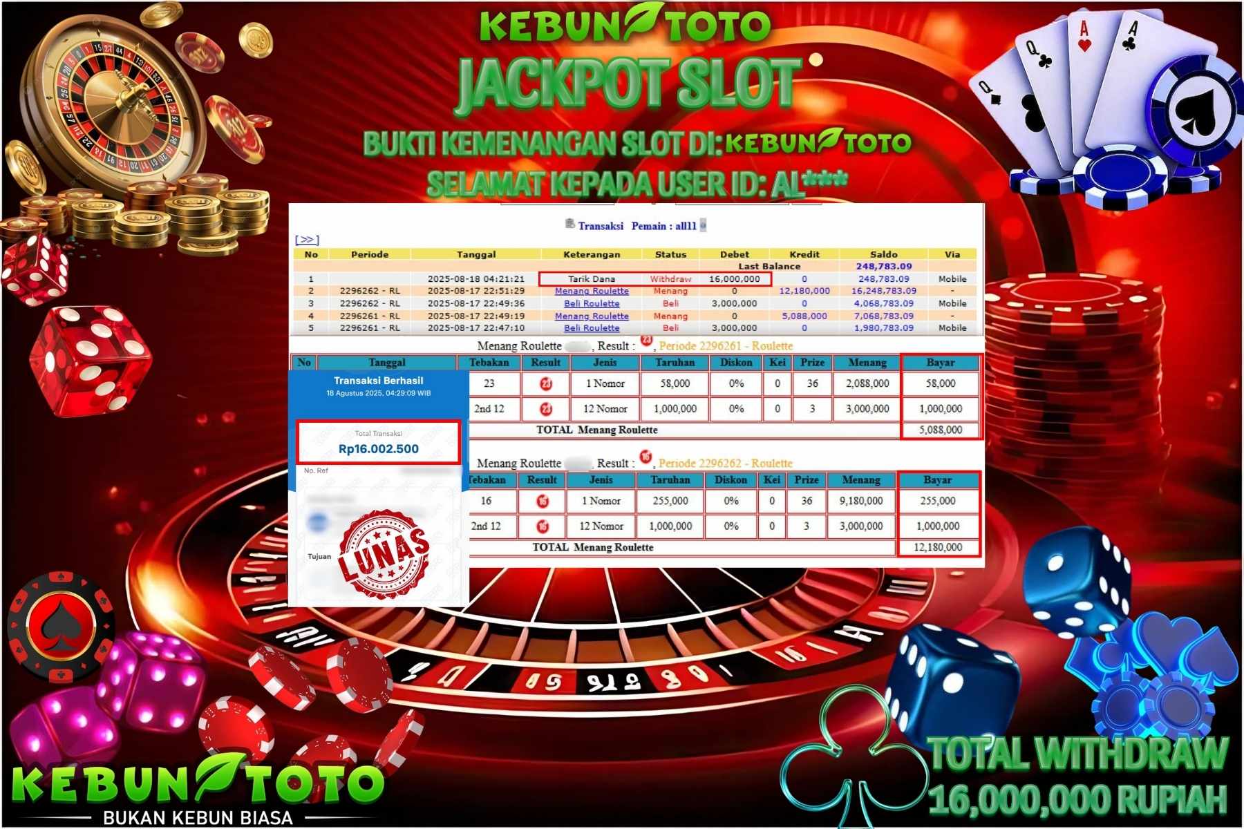 Bukti Kemenangan Rp 16.000.000 CASINO ROULETTE di KEBUNTOTO!