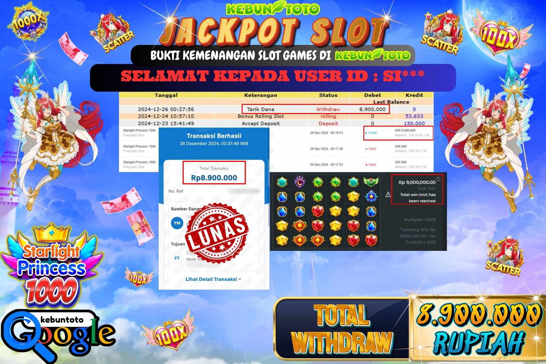 KEBUNTOTO JACKPOT SLOT STARLIGHT PRINCESS 1000 , Sebesar Rp.8.900.000,- LUNAS