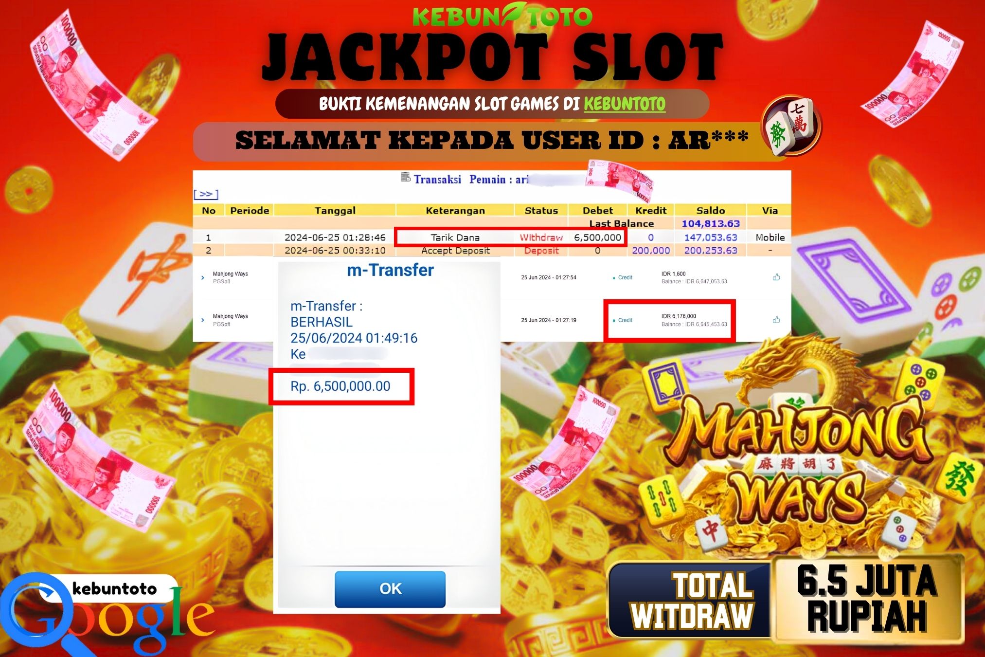 KEBUNTOTO JACKPOT SLOT MAHJONG WAYS Rp.6.500.000,- LUNAS