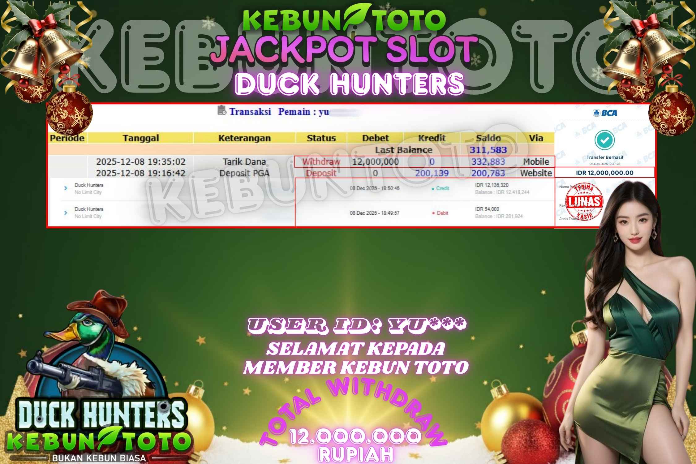 Bukti Kemenangan Rp 12.000.000 SLOT DUCK HUNTERS di KEBUNTOTO!
