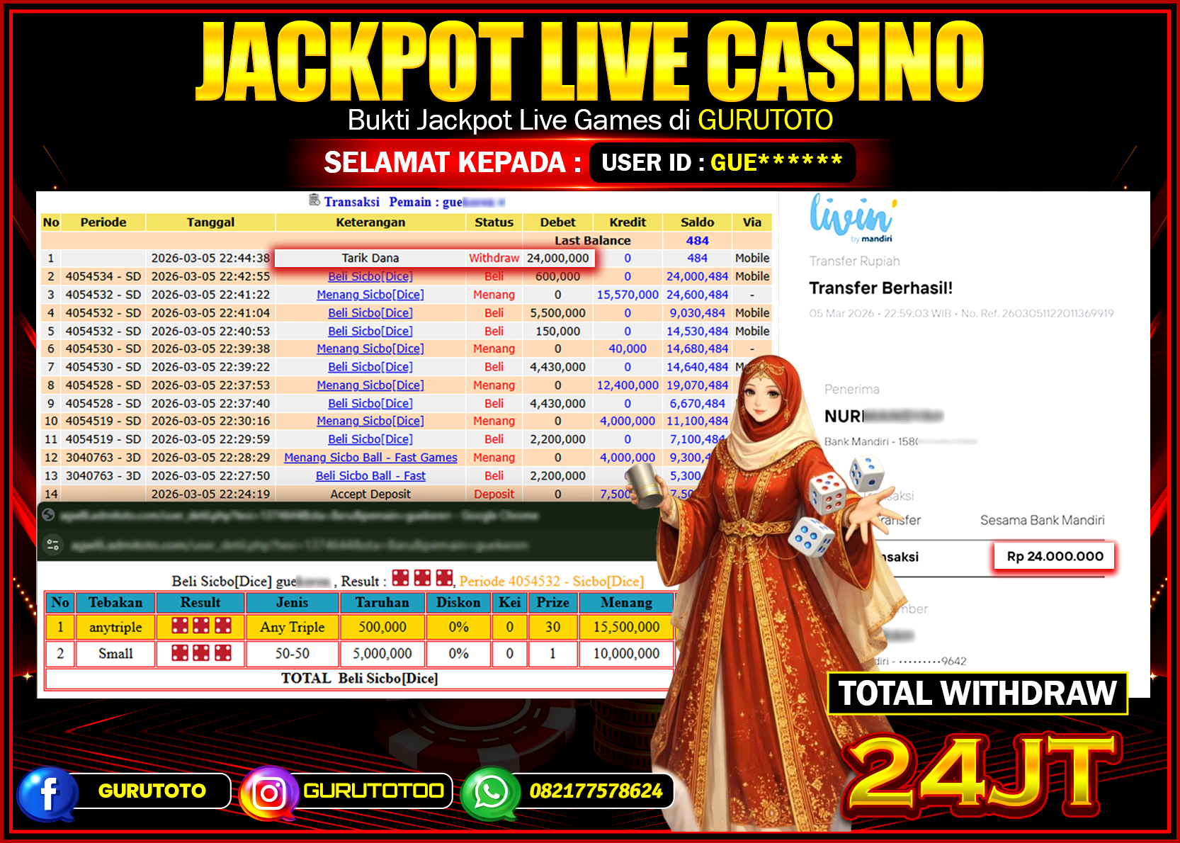 Bukti Kemenangan Rp 24.000.000 SICBO GAMES di GURUTOTO !