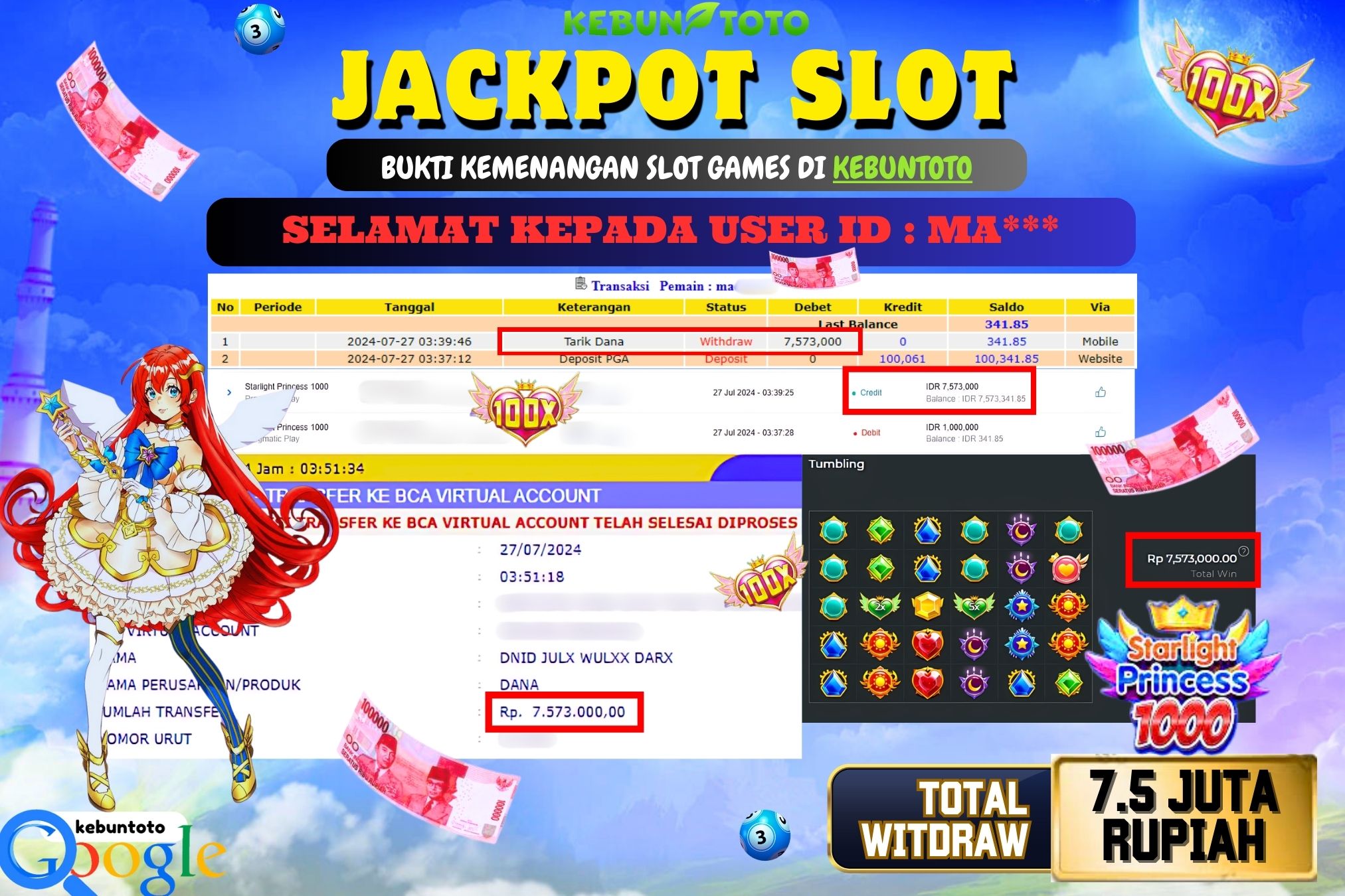 KEBUNTOTO JACKPOT SLOT STARLIGHT PRINCESS 1000 Rp.7.573.000,- LUNAS