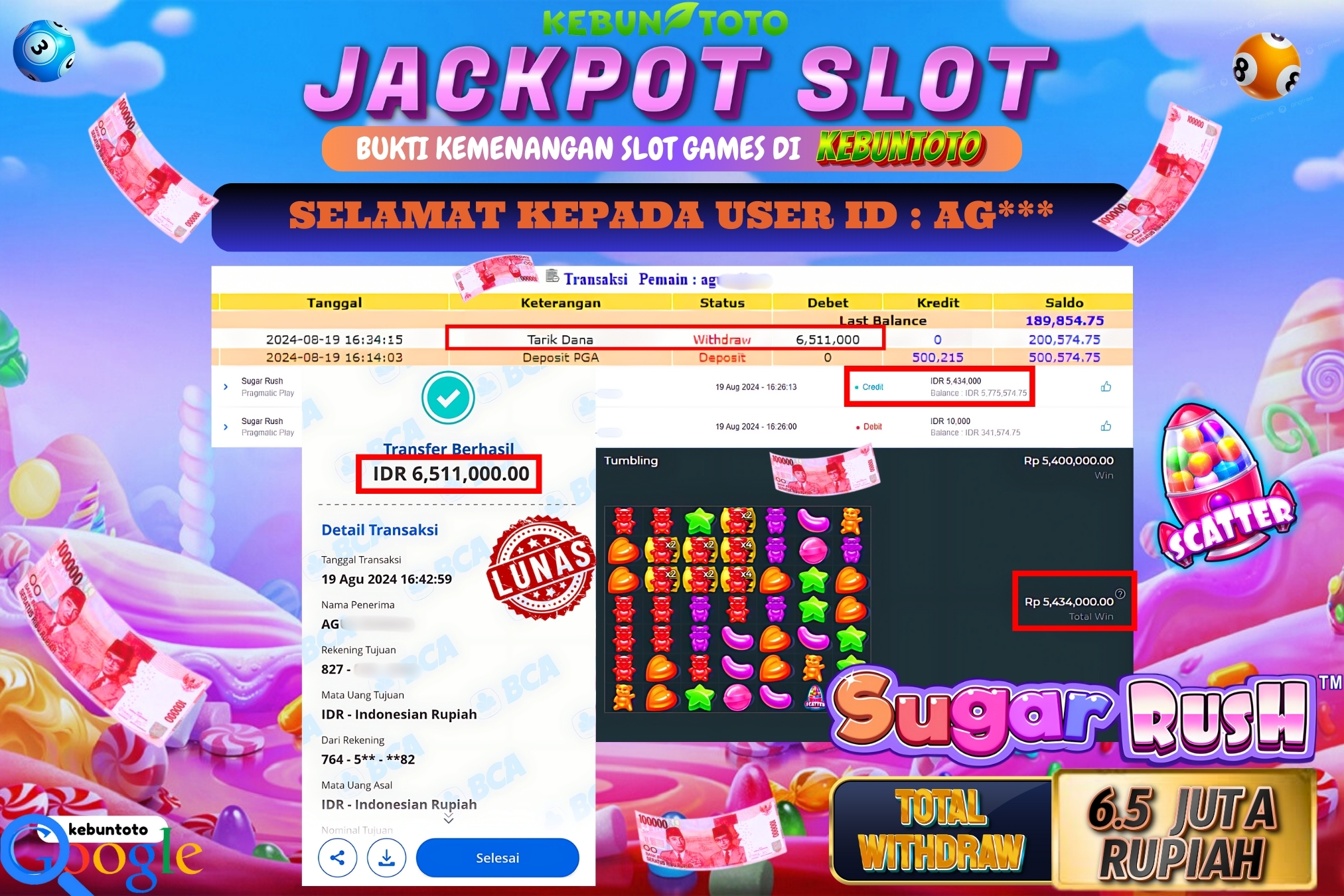 KEBUNTOTO JACKPOT SLOT SUGAR RUSH Rp.6.511.000,- LUNAS