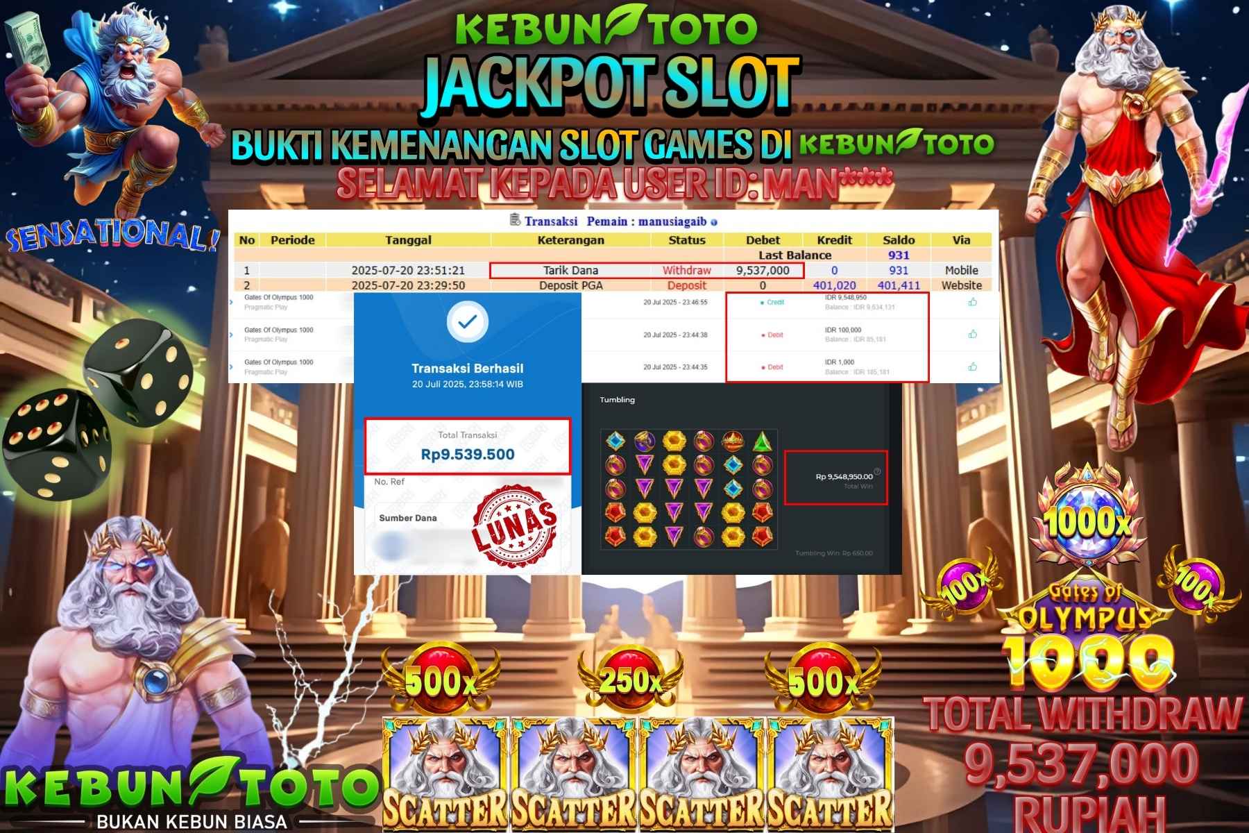 Bukti Kemenangan Rp 9.537.000 SLOT GATES OF OLYMPUS 1000 di KEBUNTOTO!
