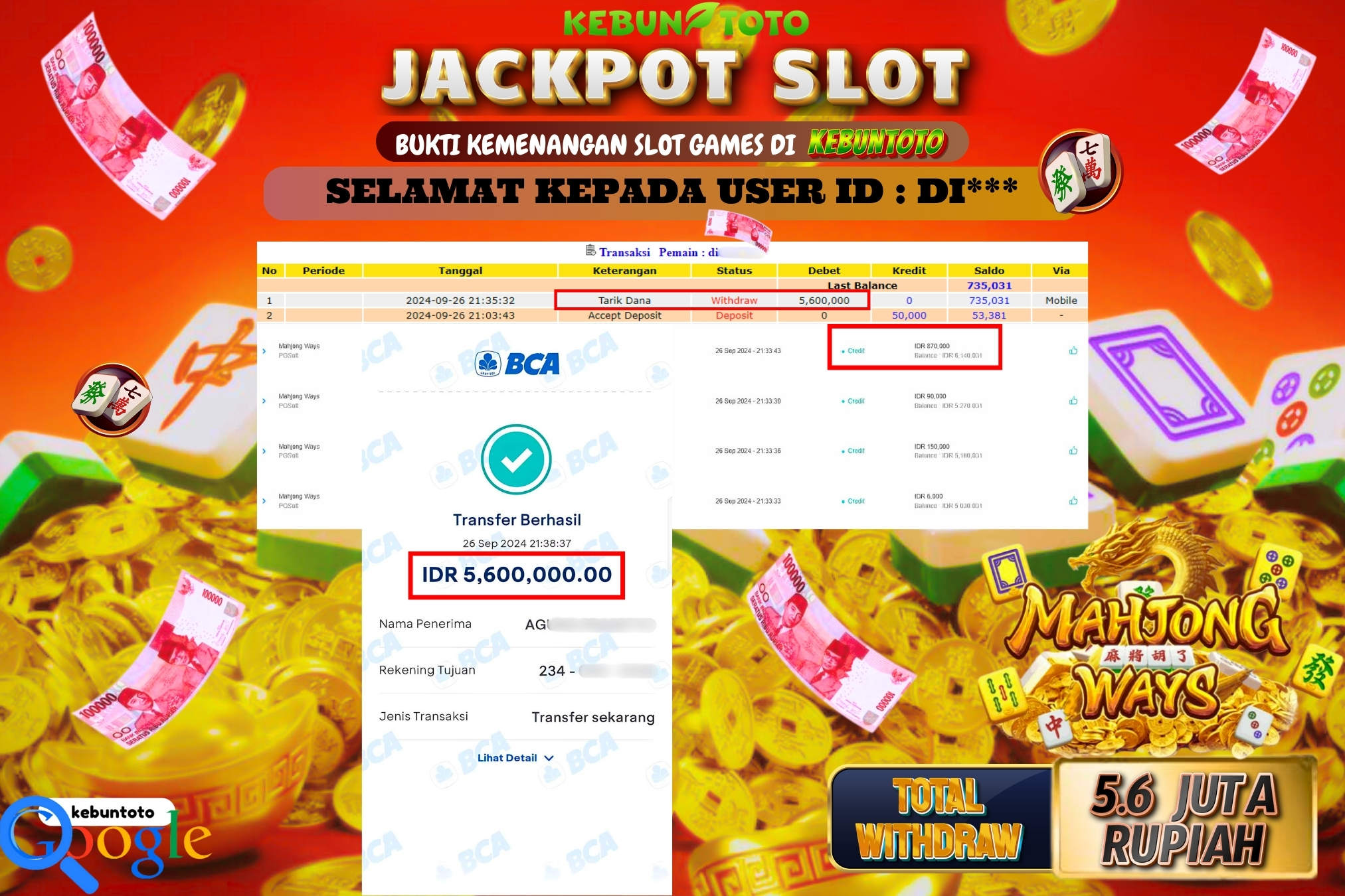 KEBUNTOTO JACKPOT SLOT MAHJONG WAYS Rp.5.600.000,- LUNAS