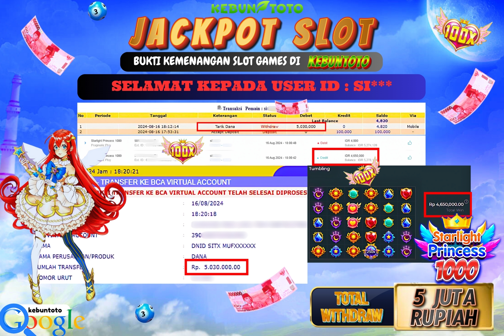 KEBUNTOTO JACKPOT SLOT STARLIGHT PRINCESS 1000 Rp.5.030.000,- LUNAS