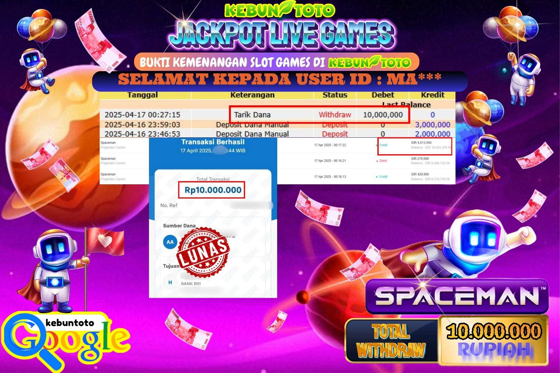 KEBUNTOTO JACKPOT, LIVE GAMES SPACEMAN Rp 10.000.000,- LUNAS