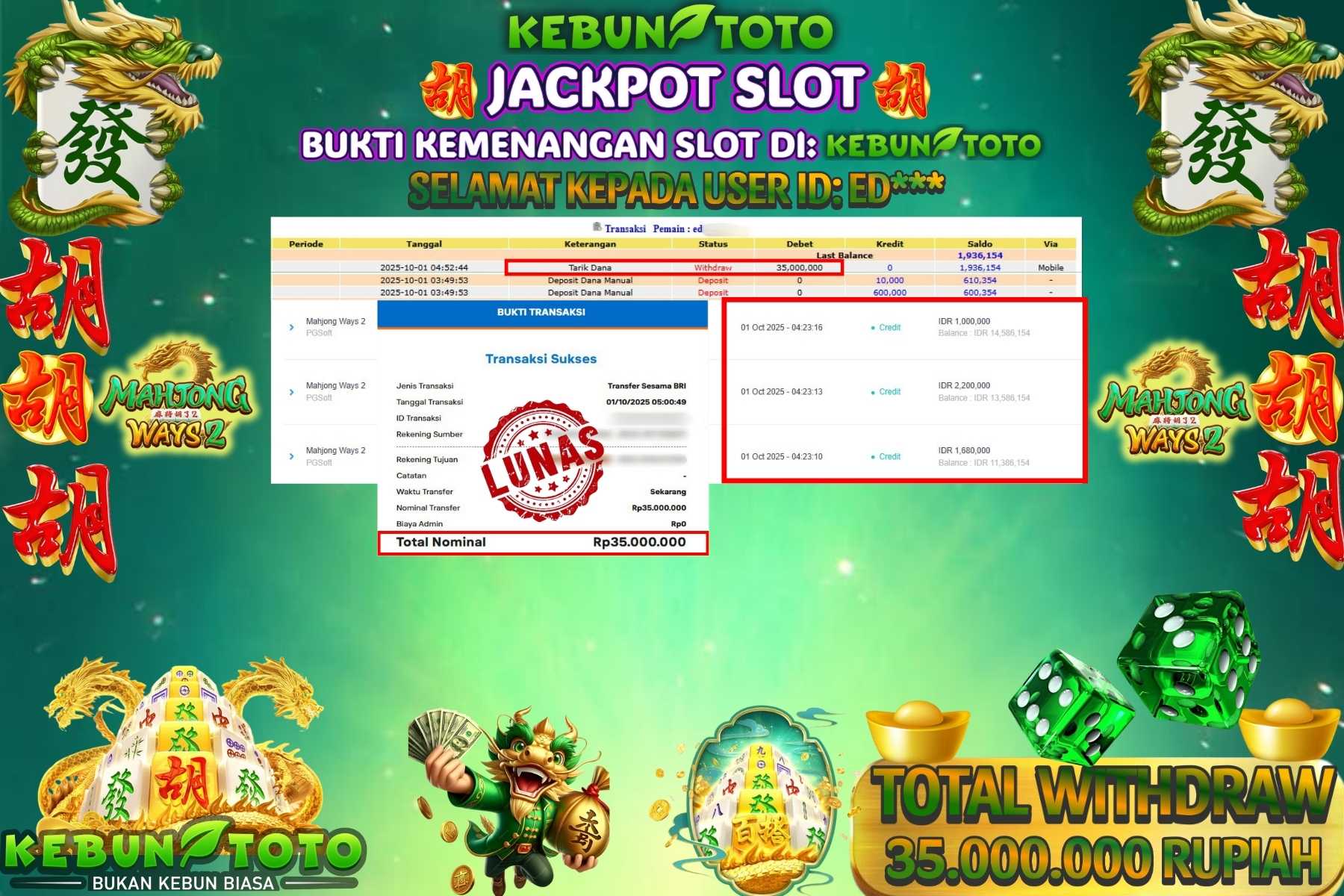 Bukti Kemenangan Rp 35.000.000 SLOT MAHJONG WAYS 2 di KEBUNTOTO!