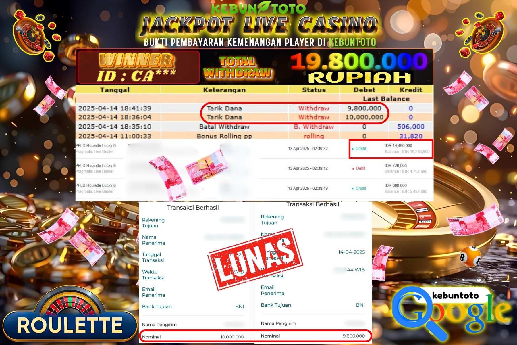 KEBUNTOTO JACKPOT, LIVE CASINO ROULETTE Rp 19.800.000,- LUNAS