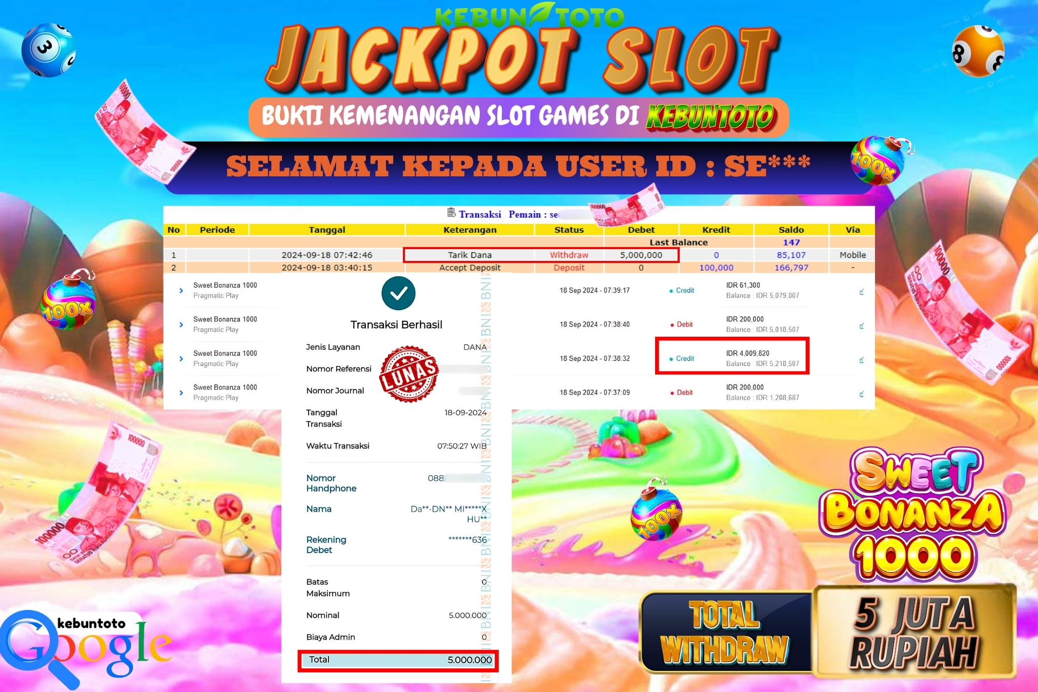 KEBUNTOTO JACKPOT SLOT SWEET BONANZA 1000 Rp.5.000.000,- LUNAS