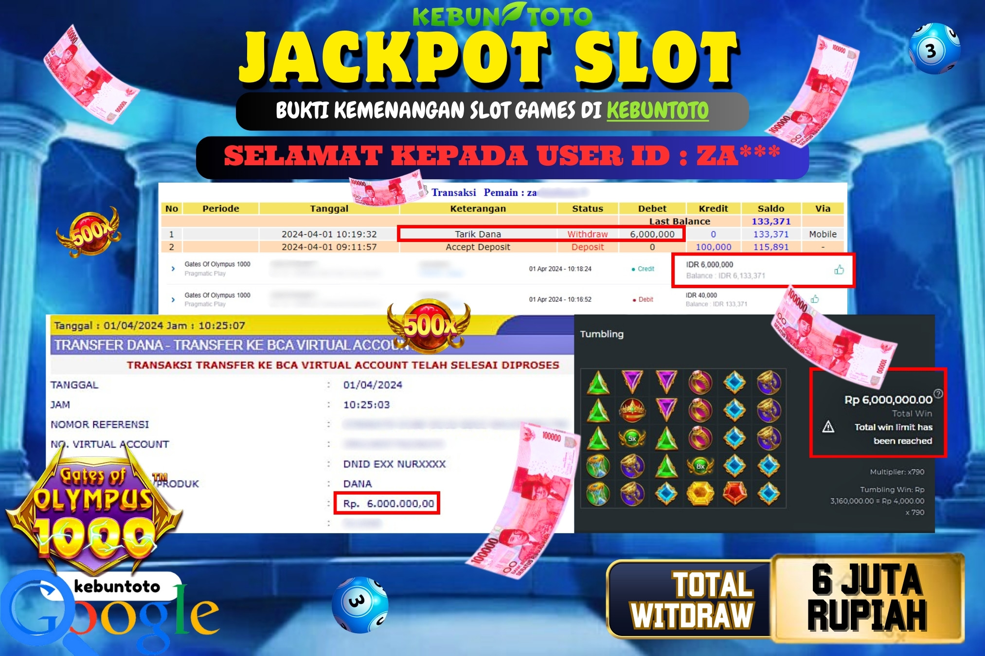 KEBUNTOTO JACKPOT SLOT GATES OF OLYMPUS 1000 Rp.6.000.000,- LUNAS