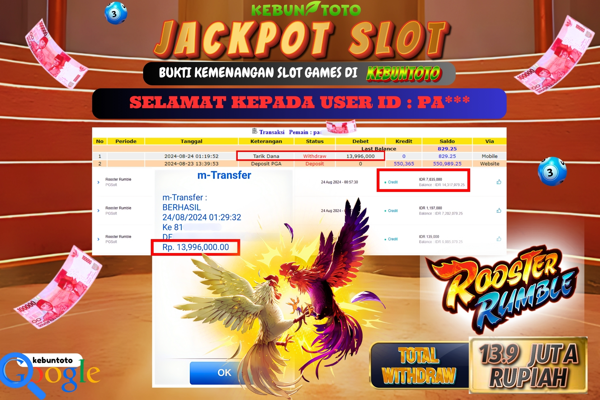 KEBUNTOTO JACKPOT SLOT ROOSTER RUMBLE Rp.13.996.000,- LUNAS