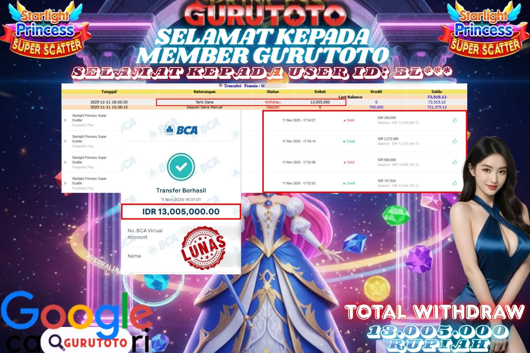 Bukti Kemenangan Rp 13.005.000 SLOT STARLIGHT PRINCESS SUPER SCATTER di GURUTOTO!