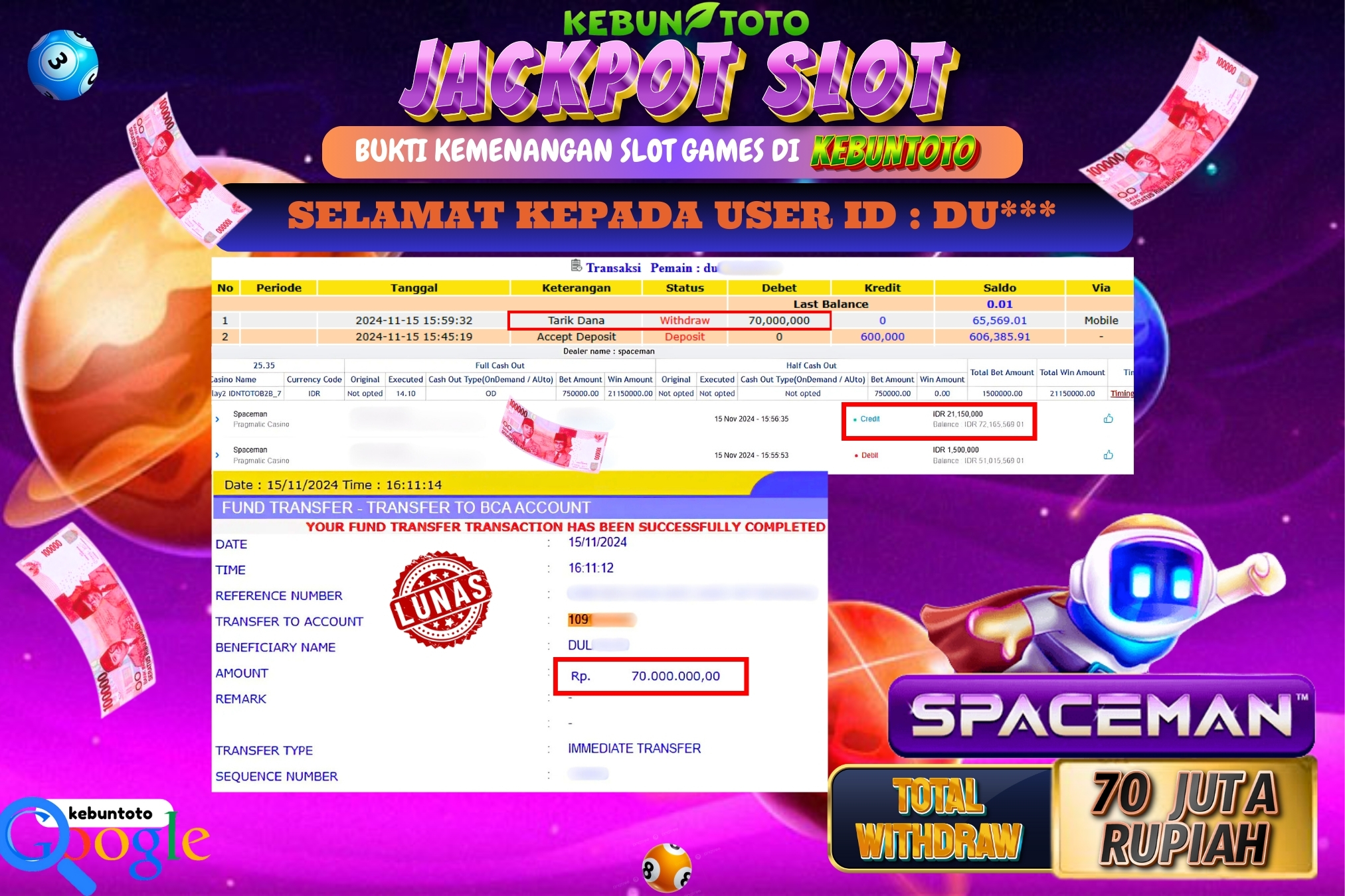 KEBUNTOTO JACKPOT SLOT SPACEMAN Rp.70.000.000,- LUNAS