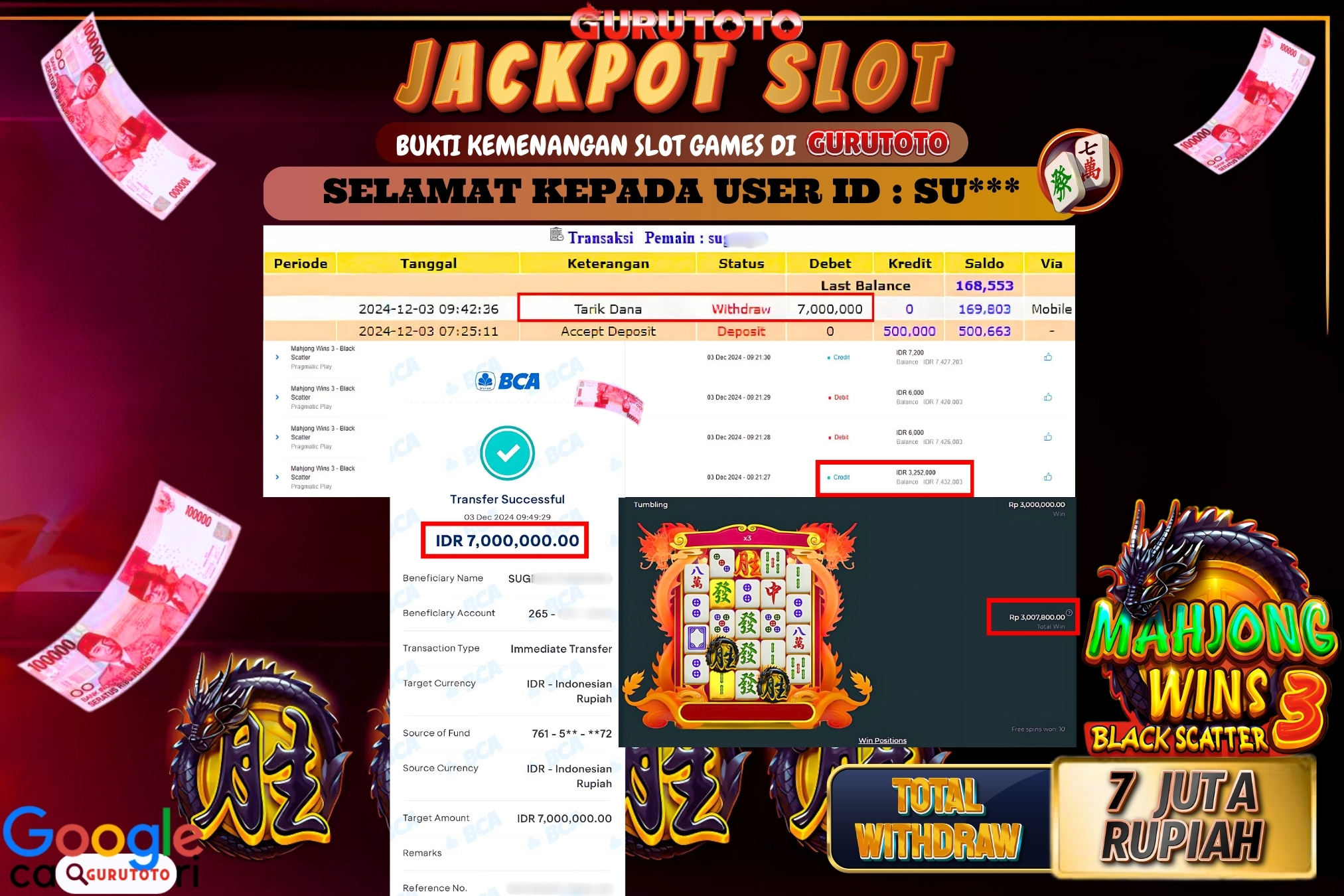 Jackpot Slot Mahjong Wins 3 di Gurutoto sebesar Rp.7.000.000 dibayar lunas.