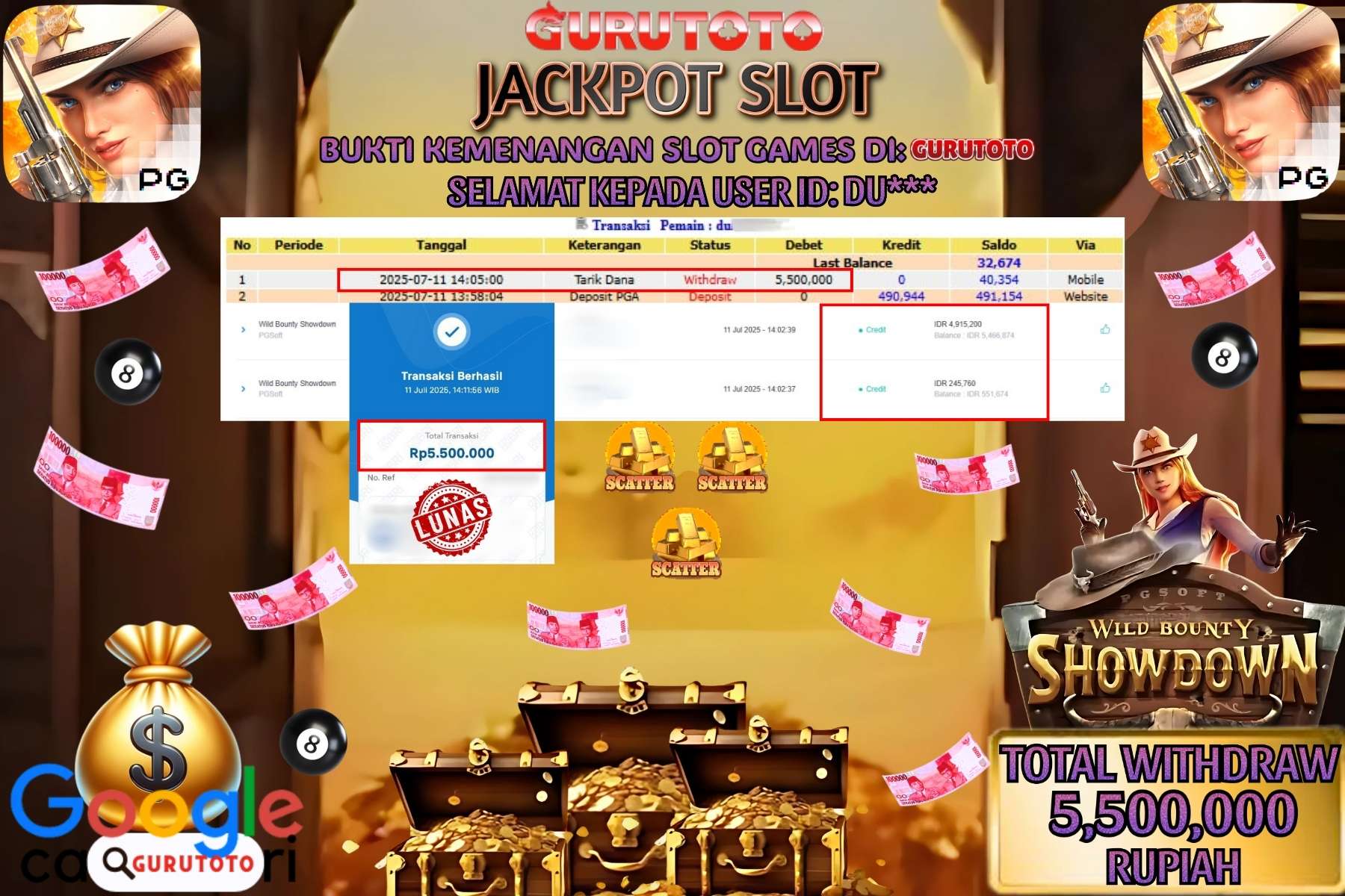 Bukti Kemenangan Rp 5.500.000 SLOT WILD BOUNTY SHOWDOWN di GURUTOTO!
