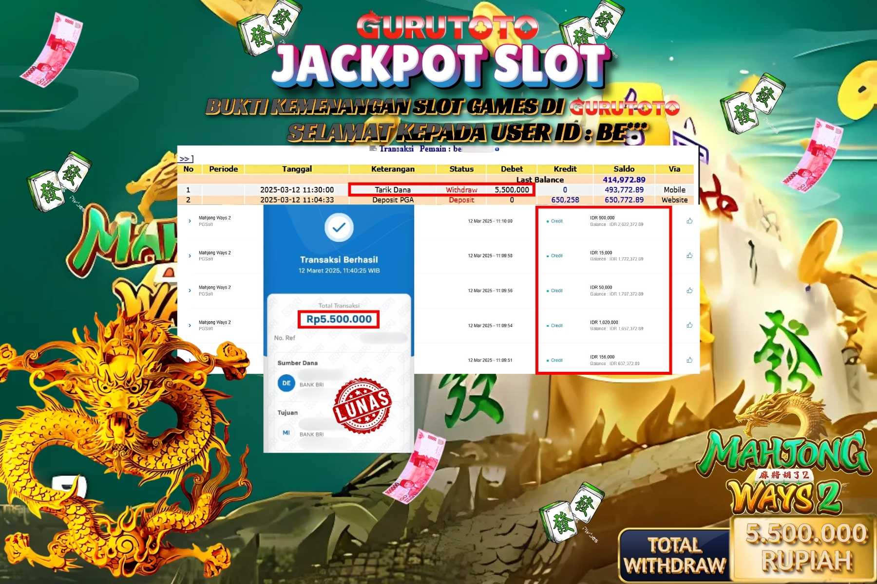GURUTOTO JACKPOT, MAHJONG WAYS 2  , Sebesar Rp 5.500.000,- LUNAS