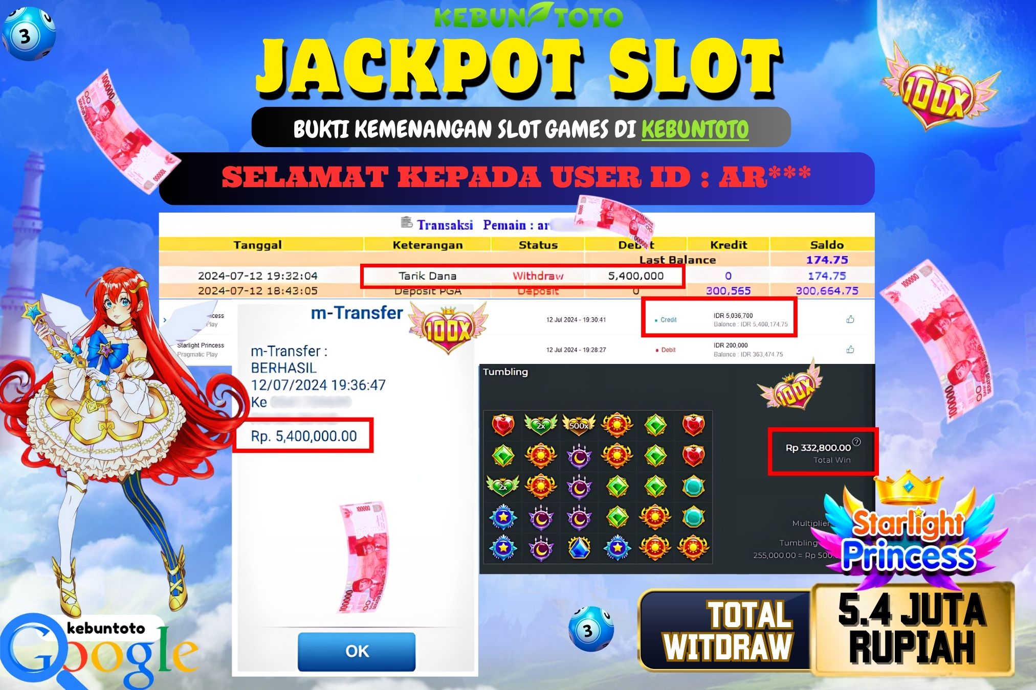 KEBUNTOTO JACKPOT SLOT STARLIGHT PRINCESS Rp.5.400.000,- LUNAS