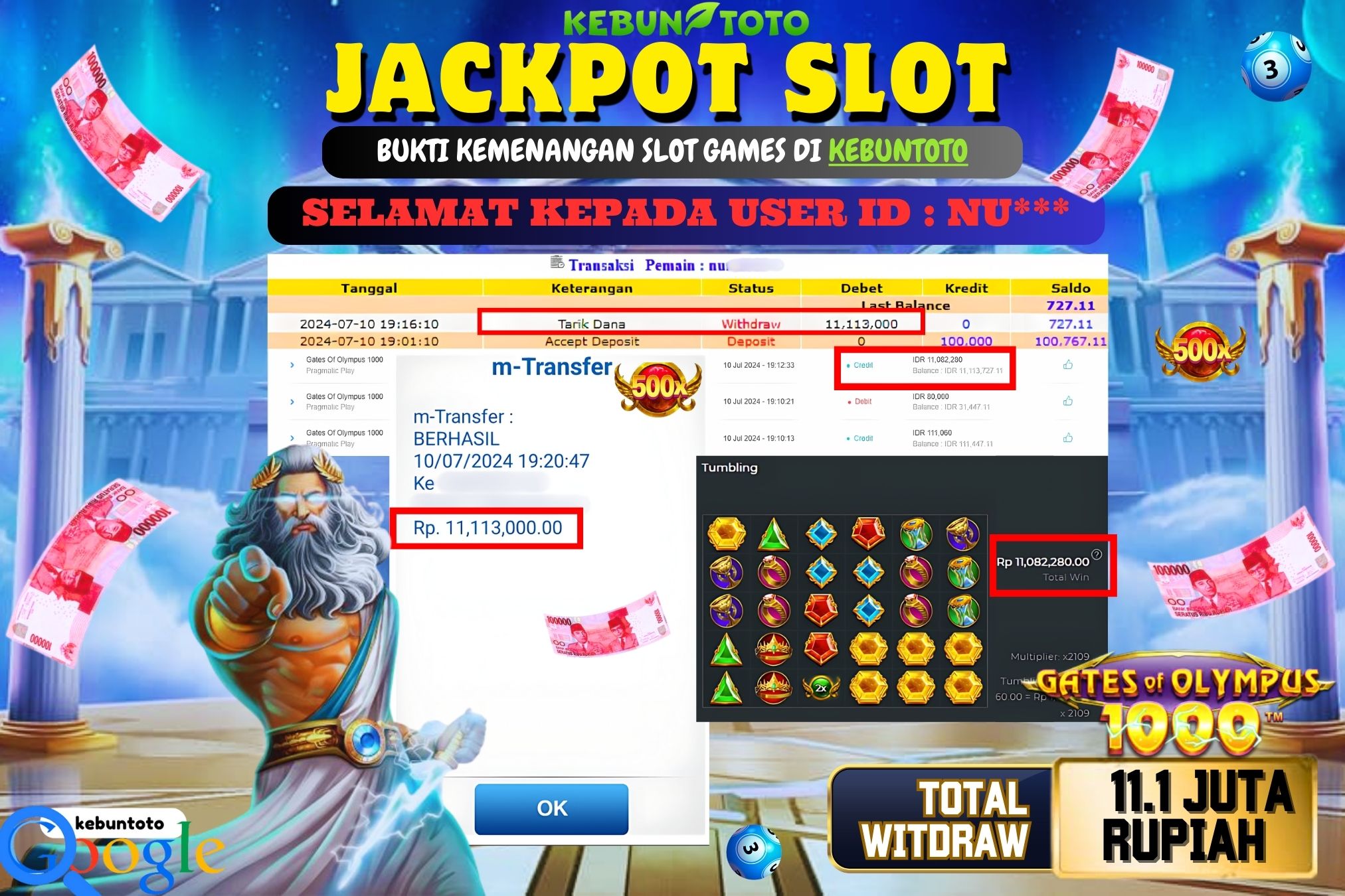 KEBUNTOTO JACKPOT SLOT GATES OF OLYMPUS 1000 Rp.11.113.000,- LUNAS
