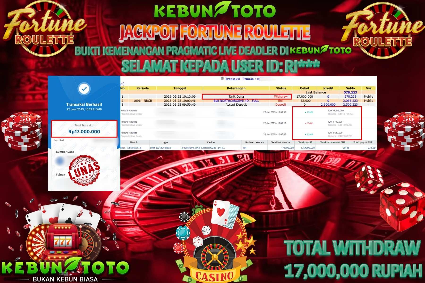 Bukti Kemenangan Rp 17.000.000 CASINO FORTUNE ROULETTE di KEBUNTOTO!