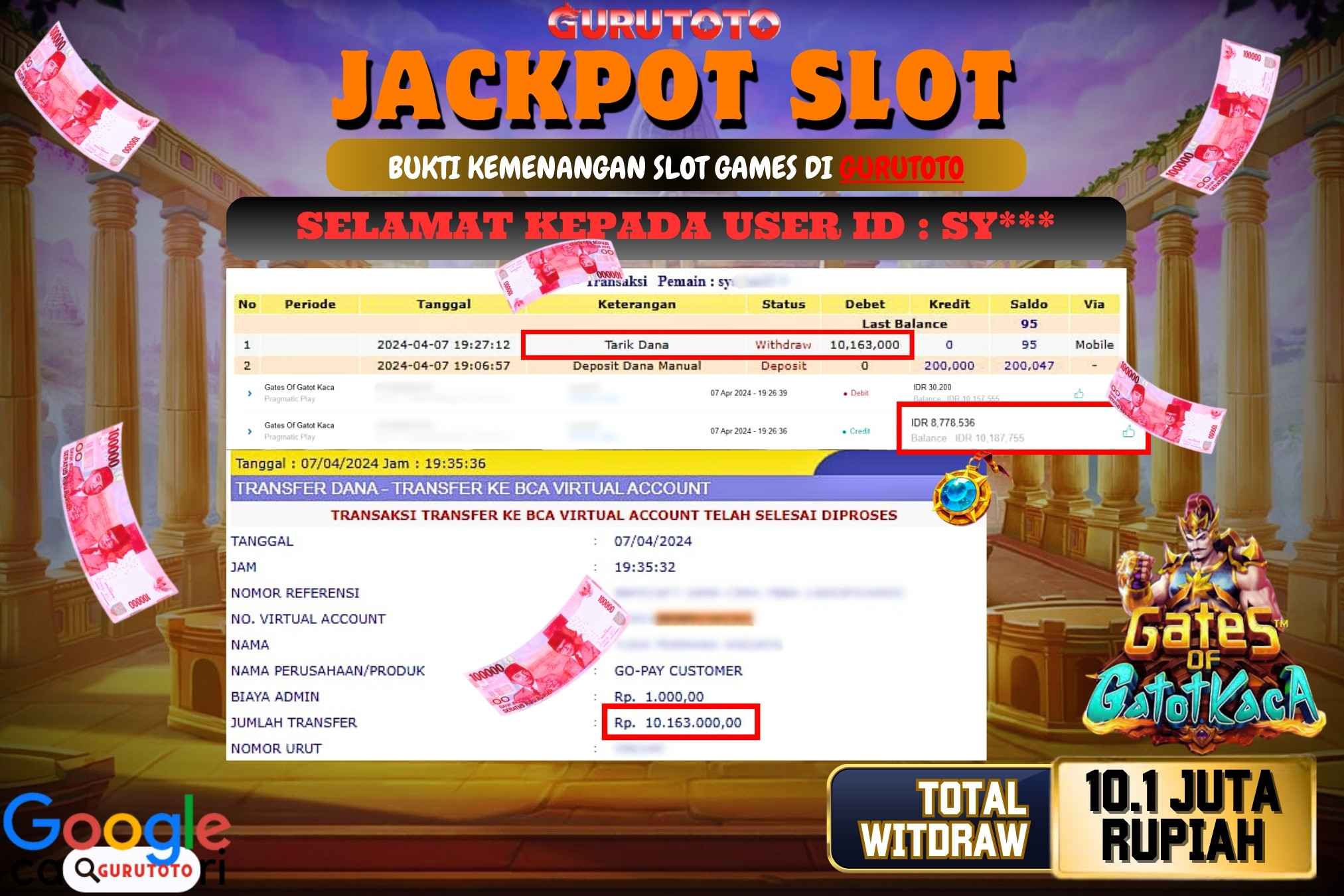 Jackpot Slot gates of gatotkaca di Gurutoto sebesar Rp.10.163.000 dibayar lunas.
