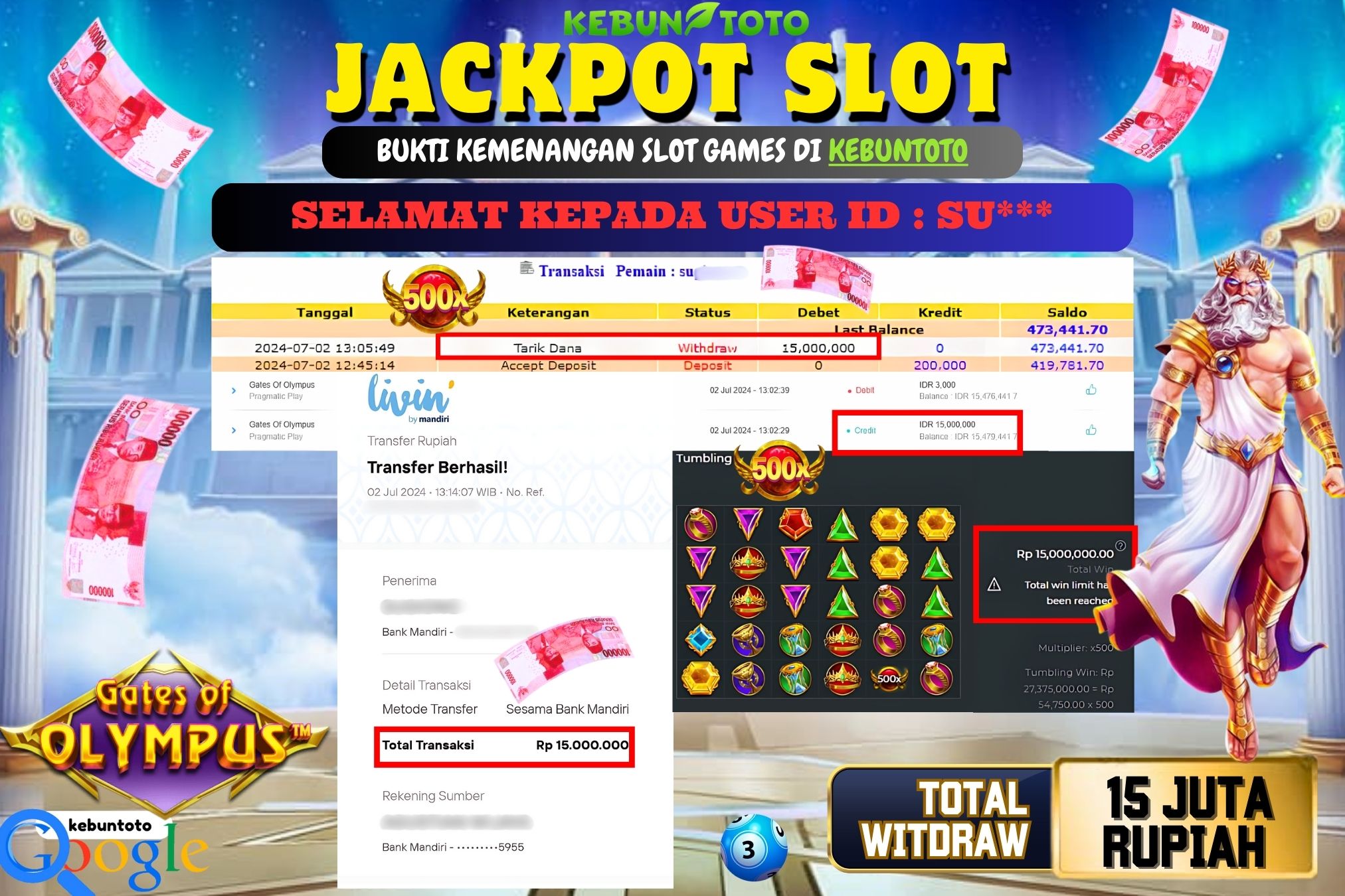 KEBUNTOTO JACKPOT SLOT GATES OF OLYMPUS Rp.15.000.000,- LUNAS