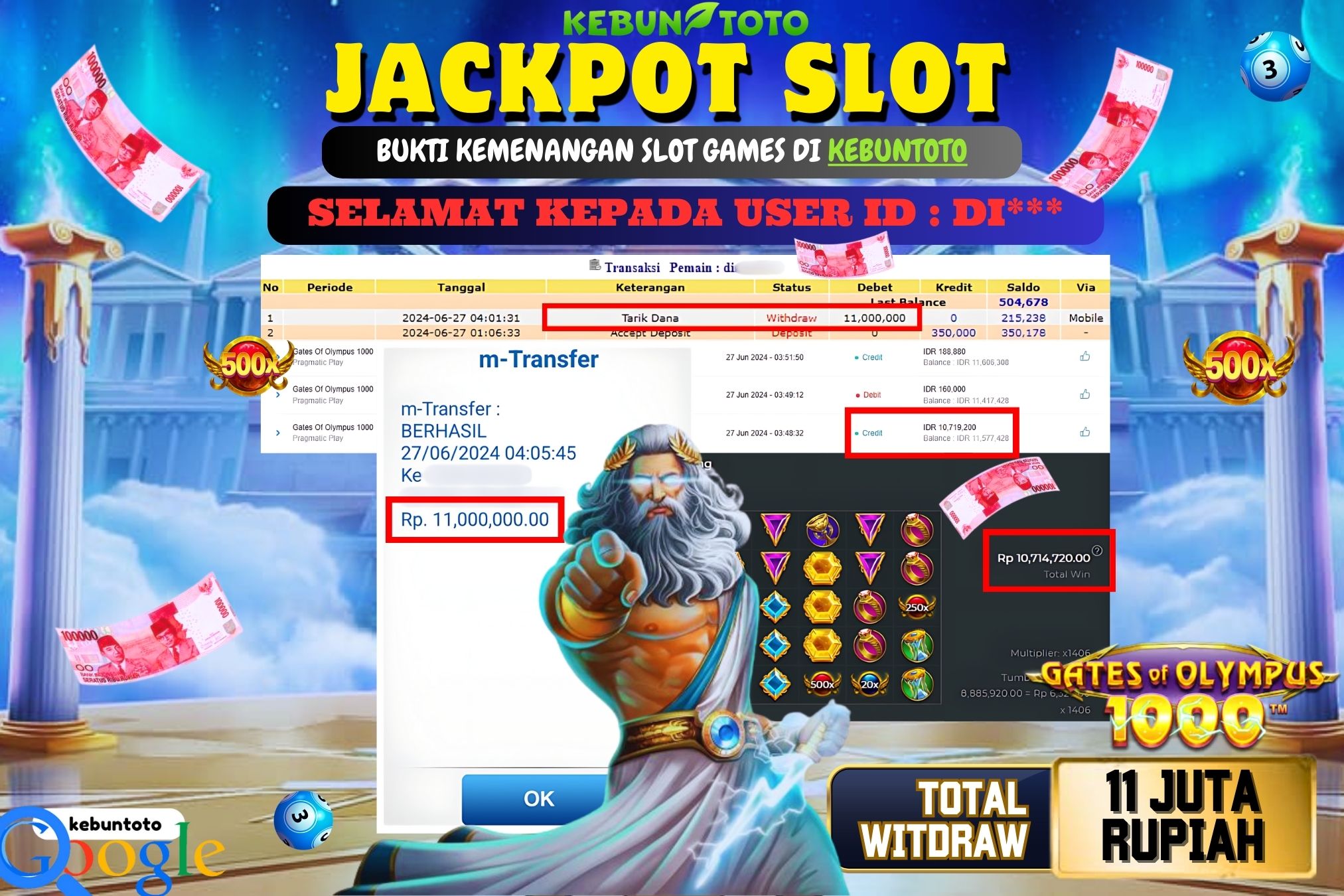 KEBUNTOTO JACKPOT SLOT GATES OF OLYMPUS 1000 Rp.11.000.000,- LUNAS