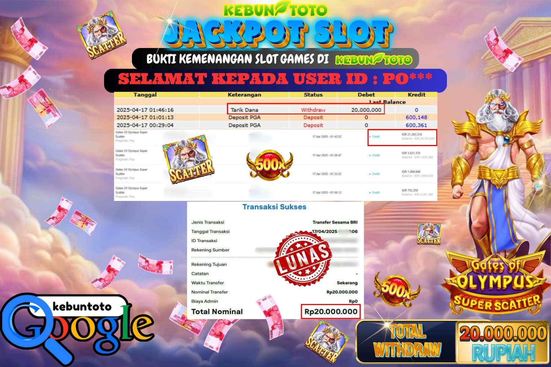 KEBUNTOTO JACKPOT, SLOT GATES OF OLYMPUS SUPER SCATTER Rp 20.000.000,- LUNAS