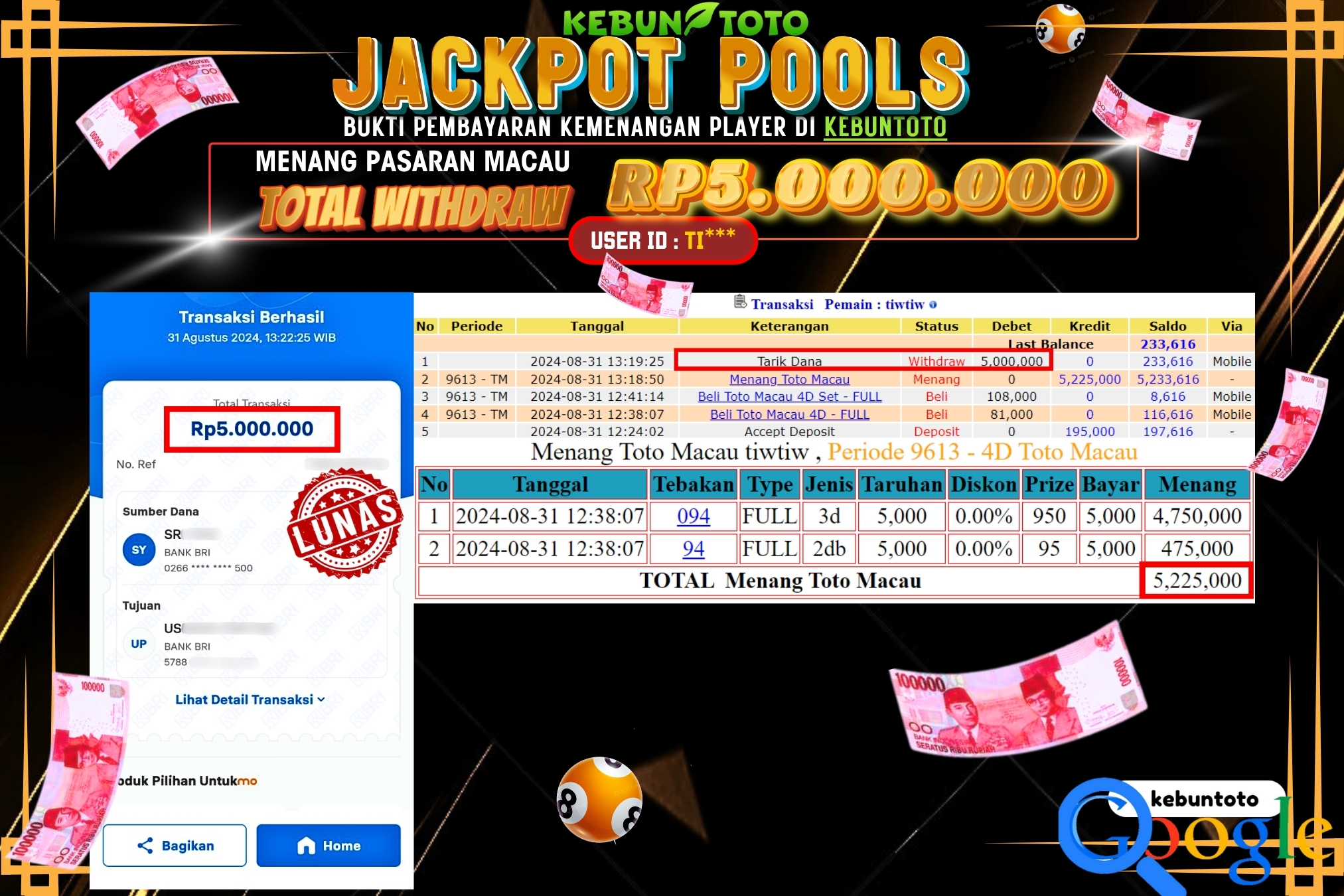 KEBUNTOTO JACKPOT TOGEL PASARAN MACAU Rp.5.000.000,- LUNAS
