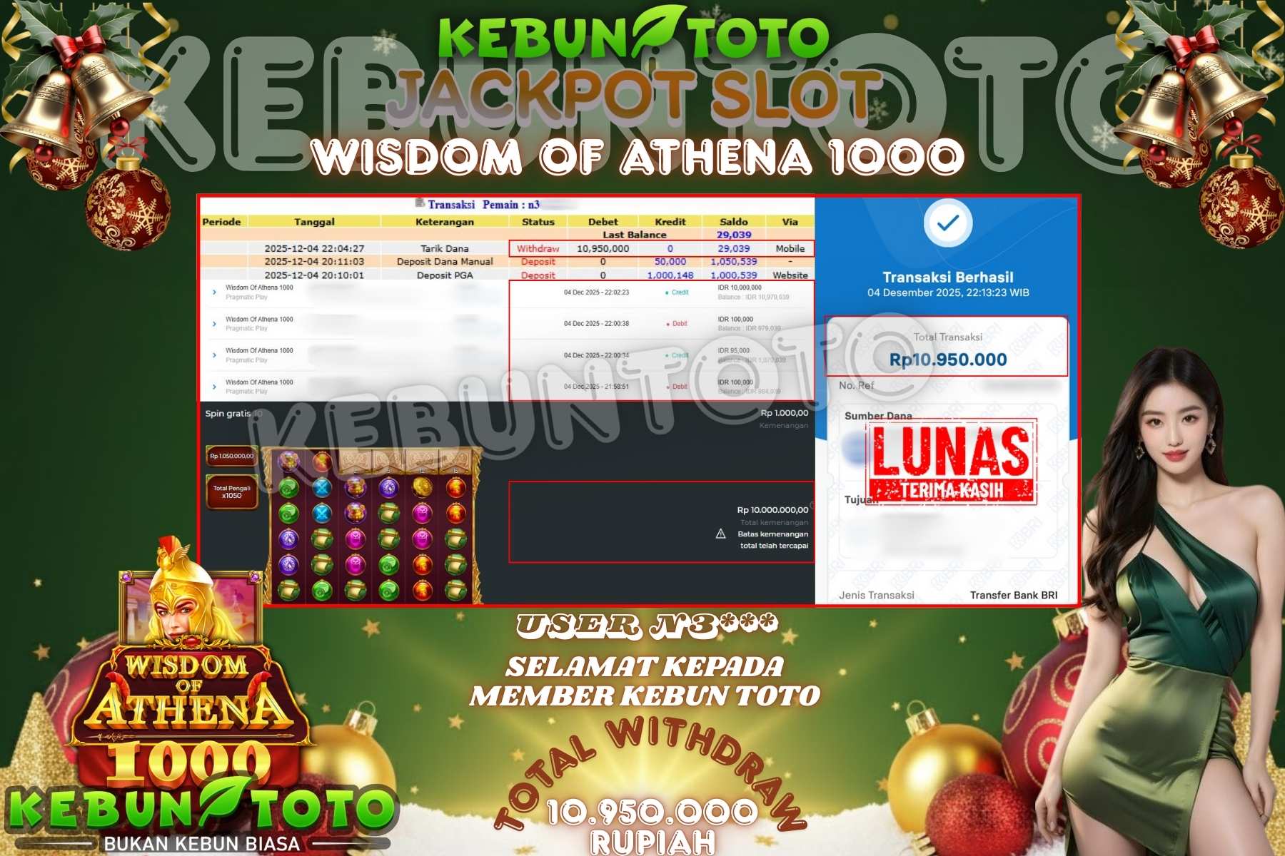 Bukti Kemenangan Rp 10.950.000 SLOT WISDOM OF ATHENA 1000 di KEBUNTOTO!