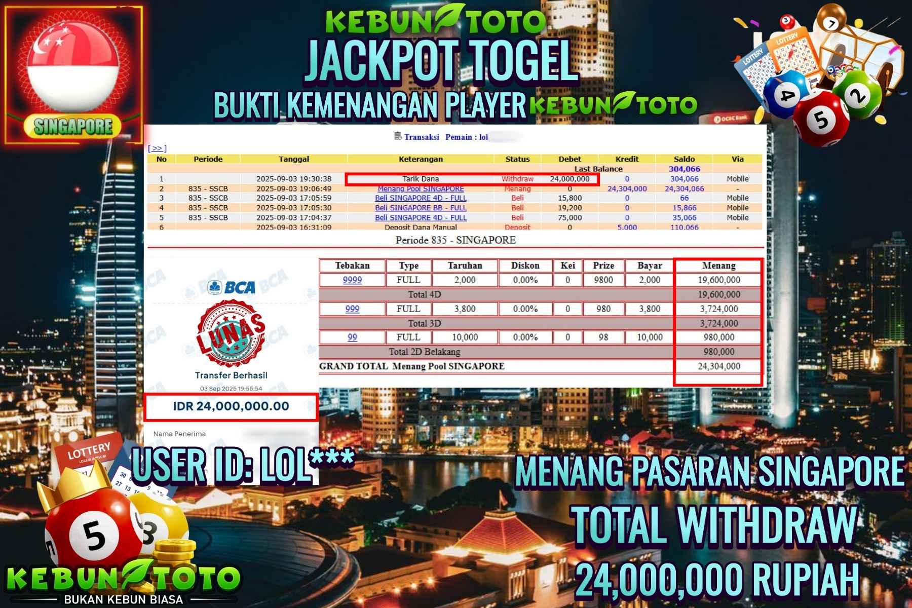 Bukti Kemenangan Rp 24.000.000 TOGEL SINGAPORE di KEBUNTOTO!