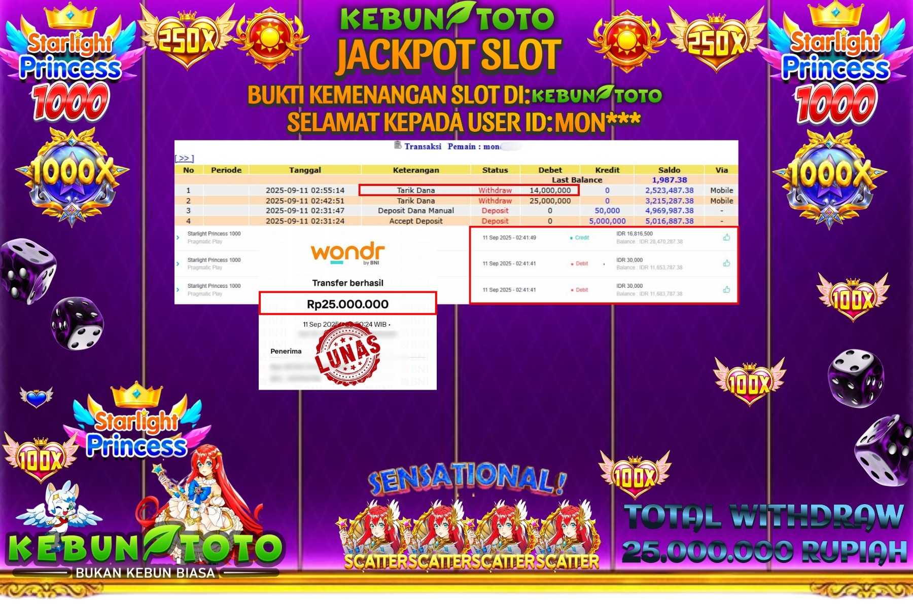Bukti Kemenangan Rp 25.000.000 SLOT STARLIGHT PRINCESS 1000 di KEBUNTOTO!