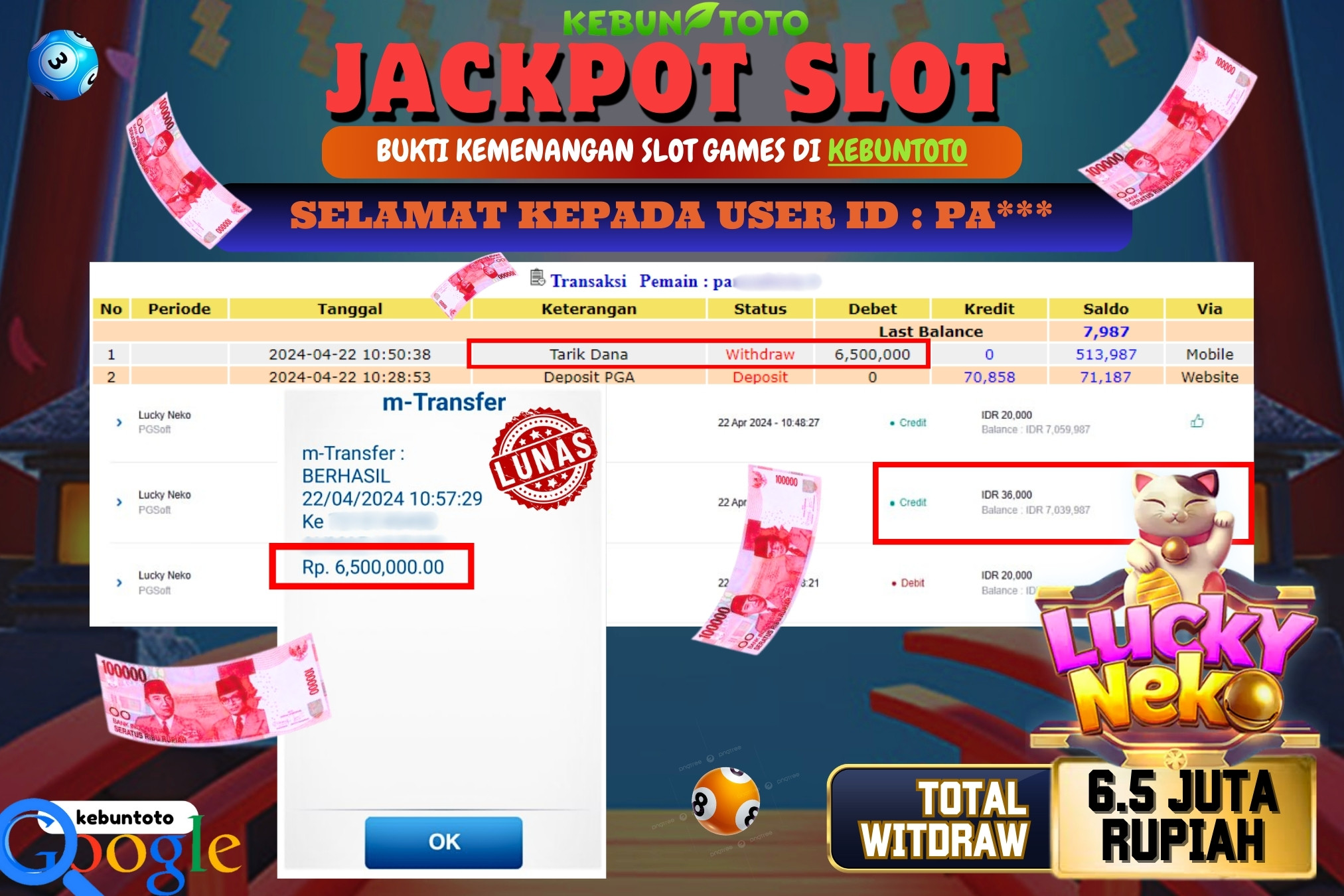 KEBUNTOTO JACKPOT SLOT LUCKY NEKO Rp.6.500.000,- LUNAS