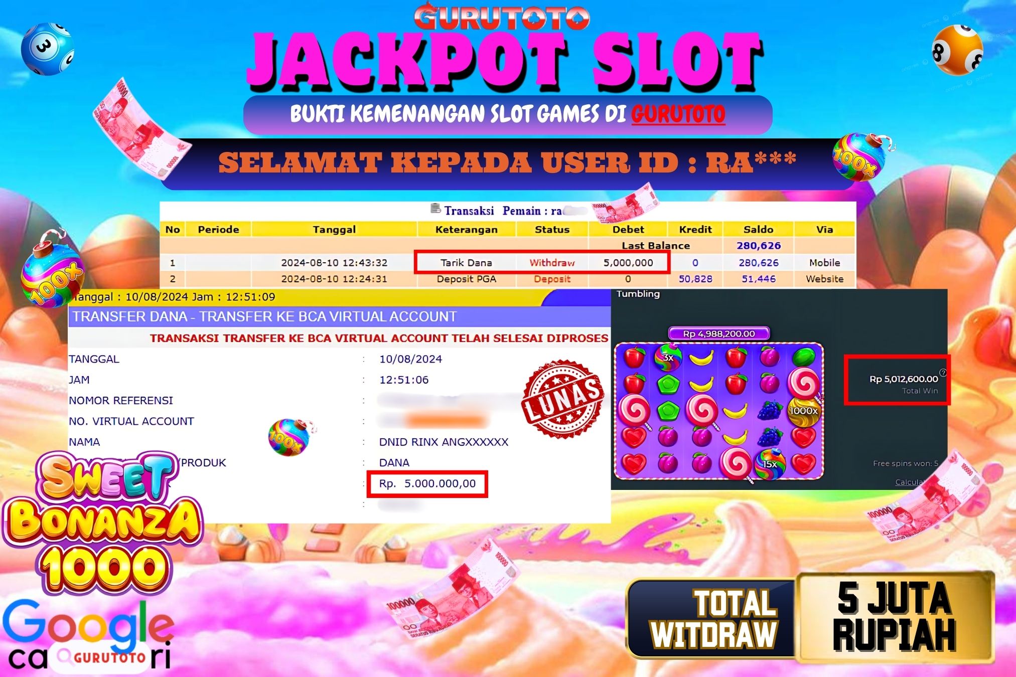 Jackpot Slot Sweet Bonanza 1000 di Gurutoto sebesar Rp.5.000.000 dibayar lunas.
