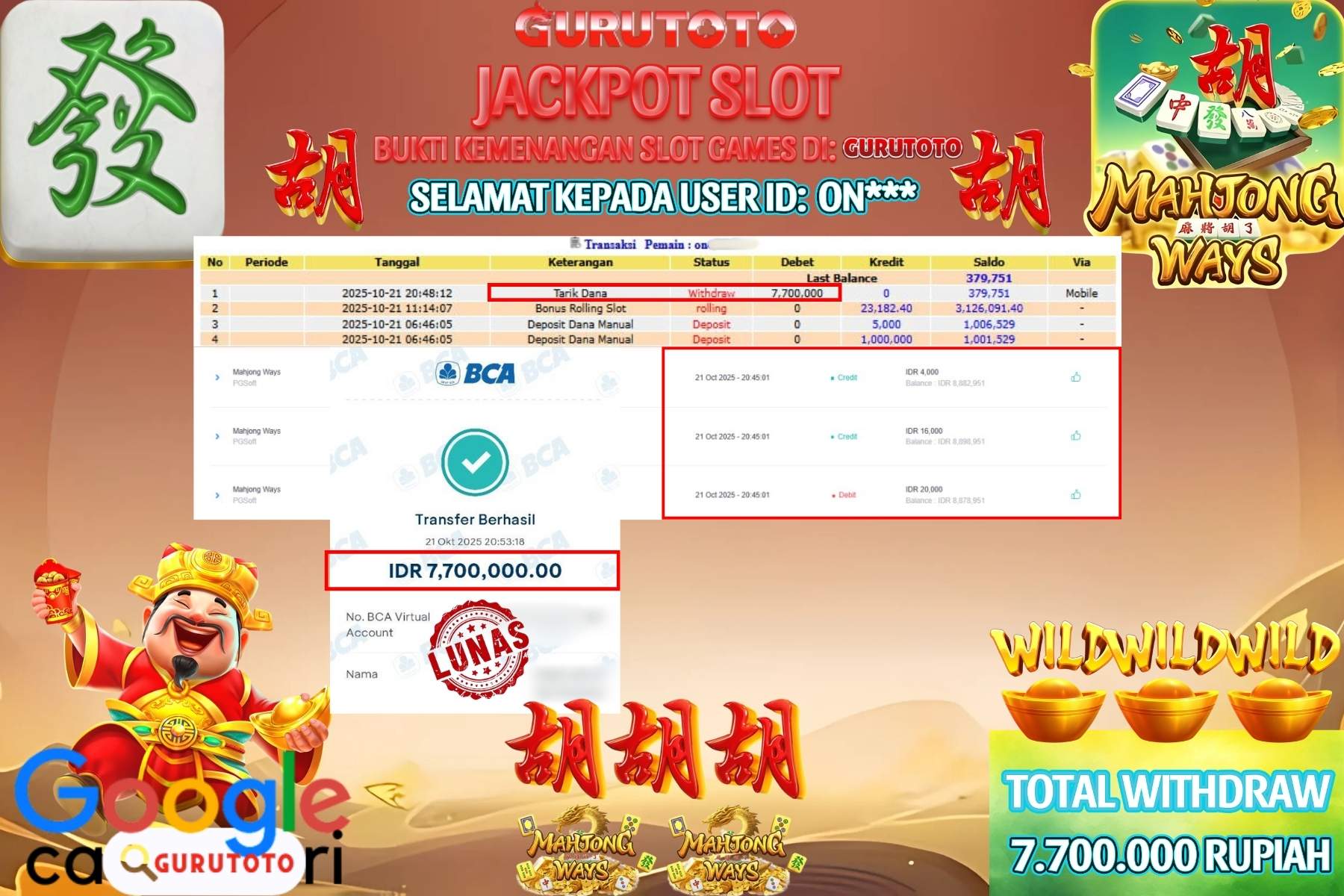 Bukti Kemenangan Rp 7.700.000 SLOT MAHJONG WAYS di GURUTOTO!