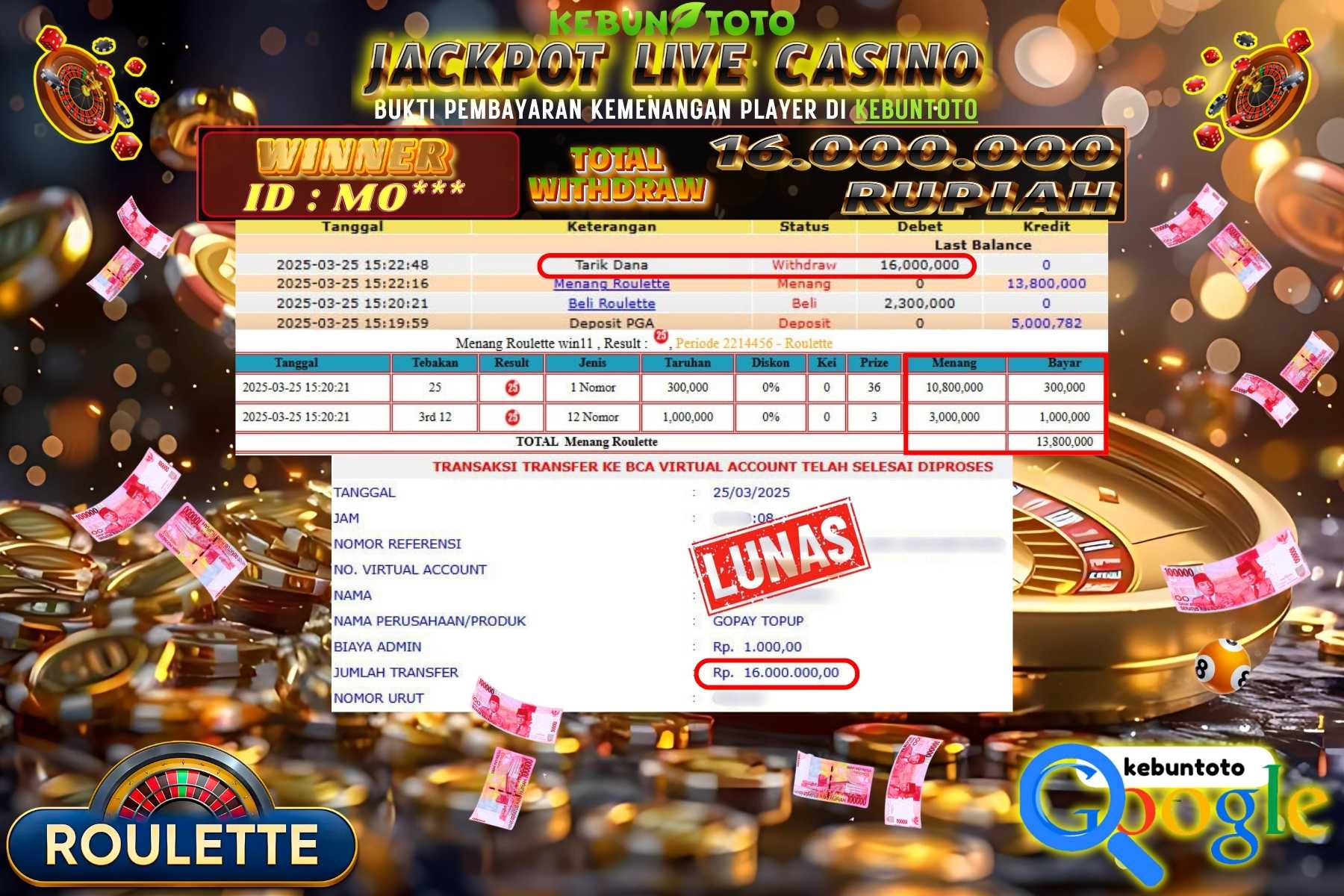 KEBUNTOTO JACKPOT, LIVE CASINO ROULETTE , Sebesar Rp 16.000.000,- LUNAS