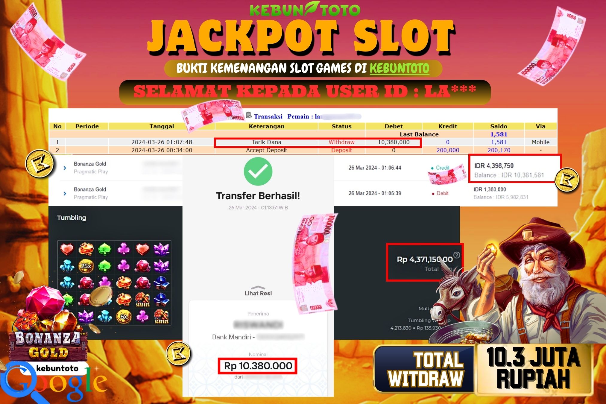 KEBUNTOTO JACKPOT SLOT BONANZA GOLD Rp.10.380.000,- LUNAS