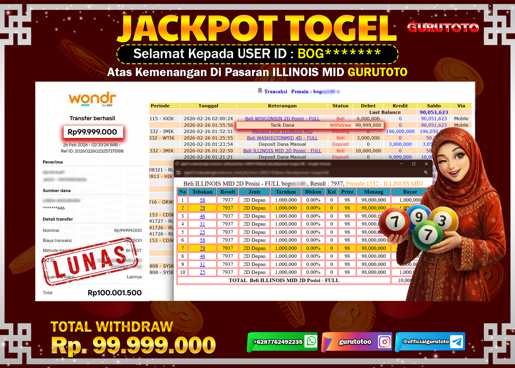 Bukti Kemenangan Rp 99.999.000 ILLINOIS MID di GURUTOTO !