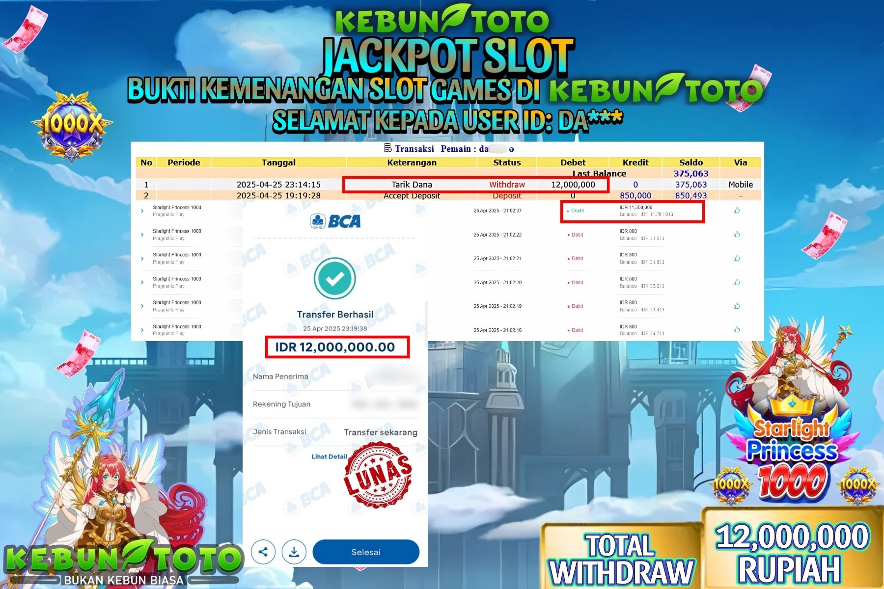 KEBUNTOTO JACKPOT, SLOT STARLIGHT PRINCESS 1000 Rp 12.000.000,- LUNAS