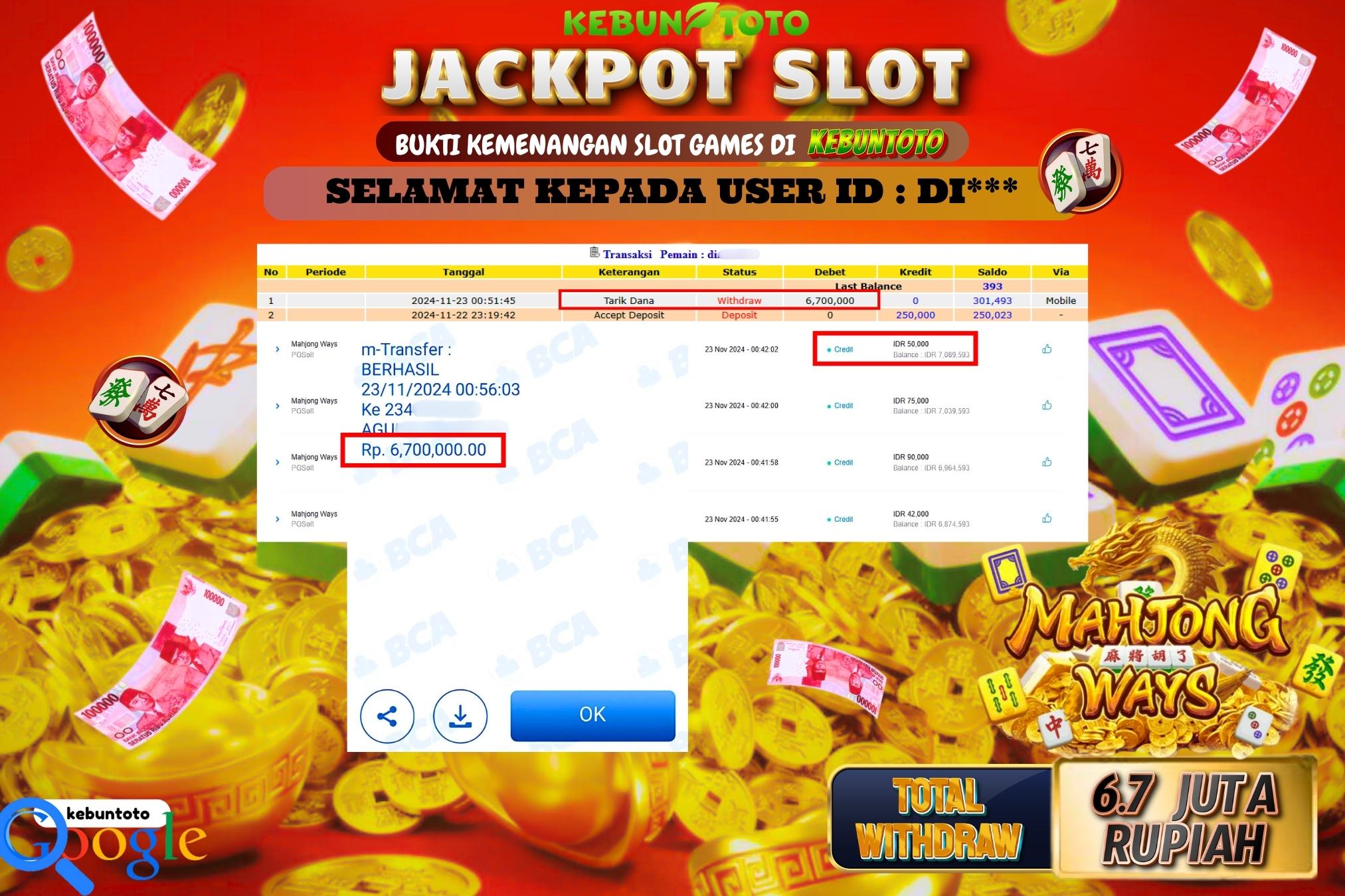 KEBUNTOTO JACKPOT SLOT MAHJONG WAYS Rp.6.700.000,- LUNAS