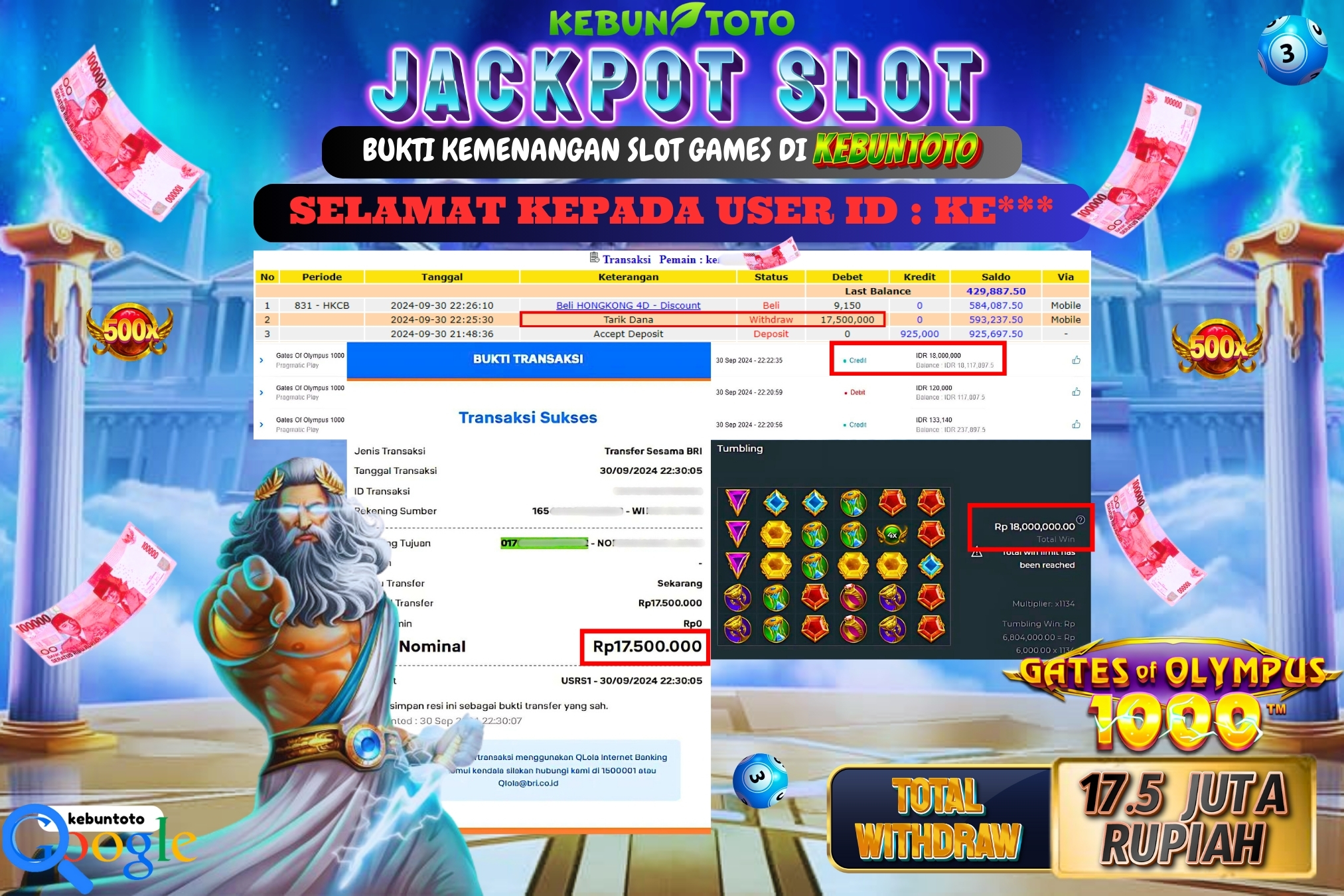 KEBUNTOTO JACKPOT SLOT GATES OF OLYMPUS 1000 Rp.17.500.000,- LUNAS