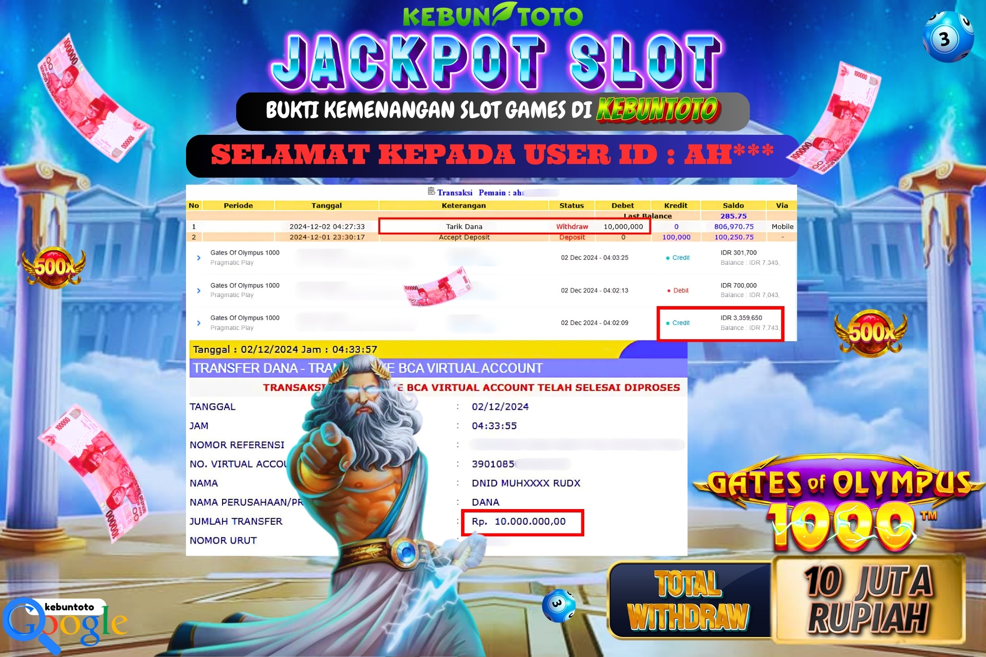 KEBUNTOTO JACKPOT SLOT GATES OF OLYMPUS 1000 Rp.10.000.000,- LUNAS