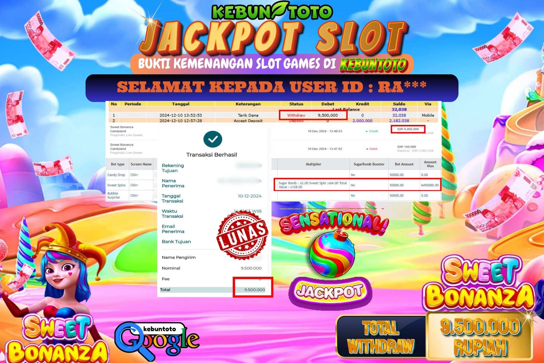KEBUNTOTO JACKPOT SLOT SWEET BONANZA , Sebesar Rp.9.500.000,- LUNAS